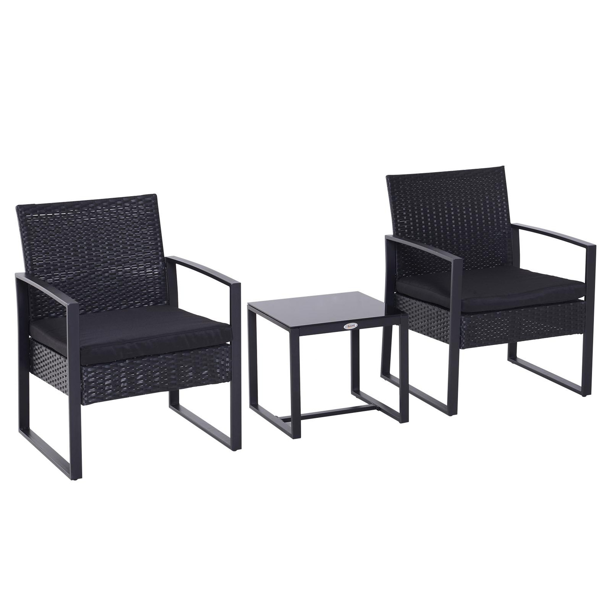Voir la diapositive 1 : OUTSUNNY Salon de jardin 2 places - 3 pièces 2 chaises avec coussins + table basse - plateau verre trempé - résine tressée 4 fils imitation rotin noir