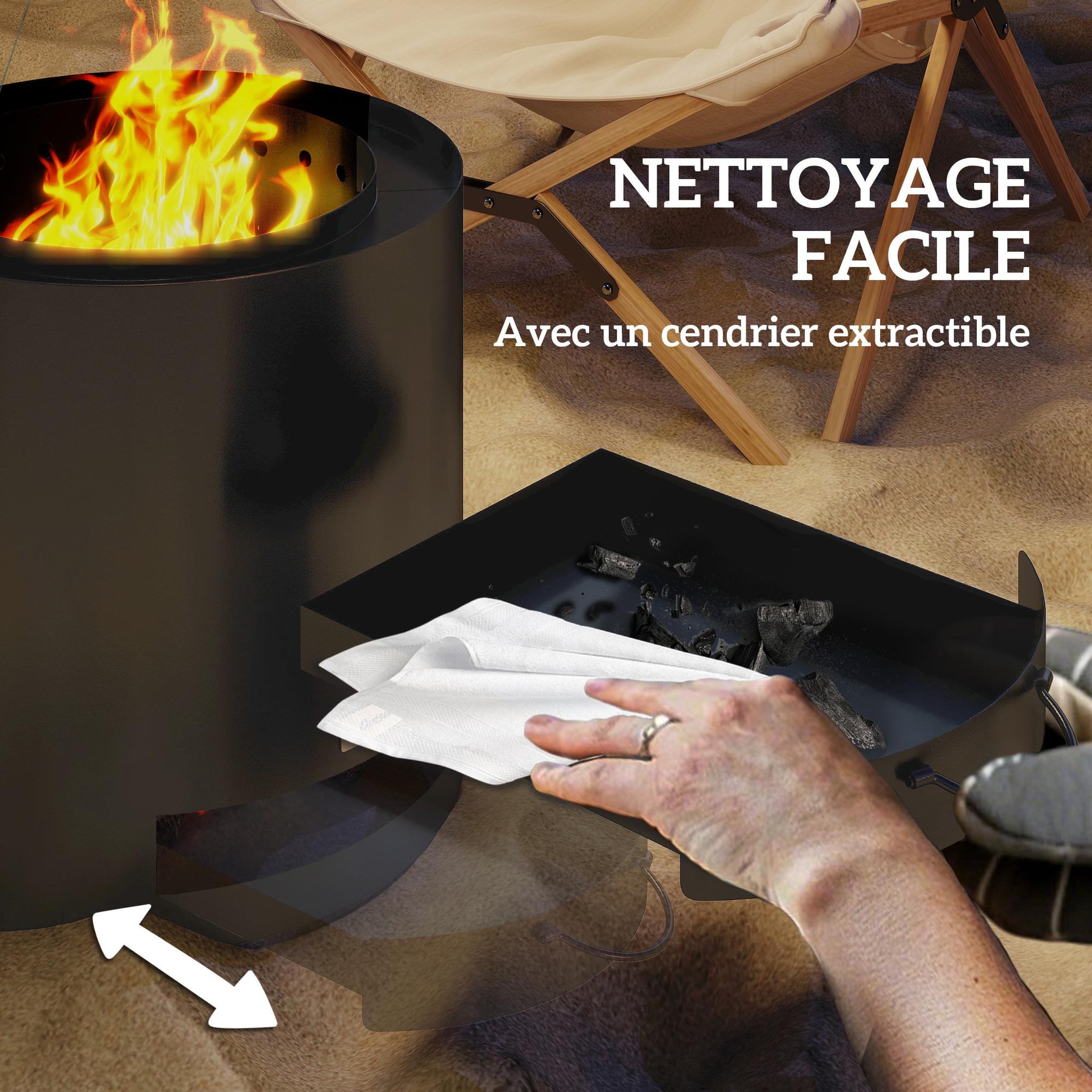 Voir la diapositive 5 : OUTSUNNY Brasero extérieur Ø45 cm design - bac à cendres intégré, tisonnier - acier noir