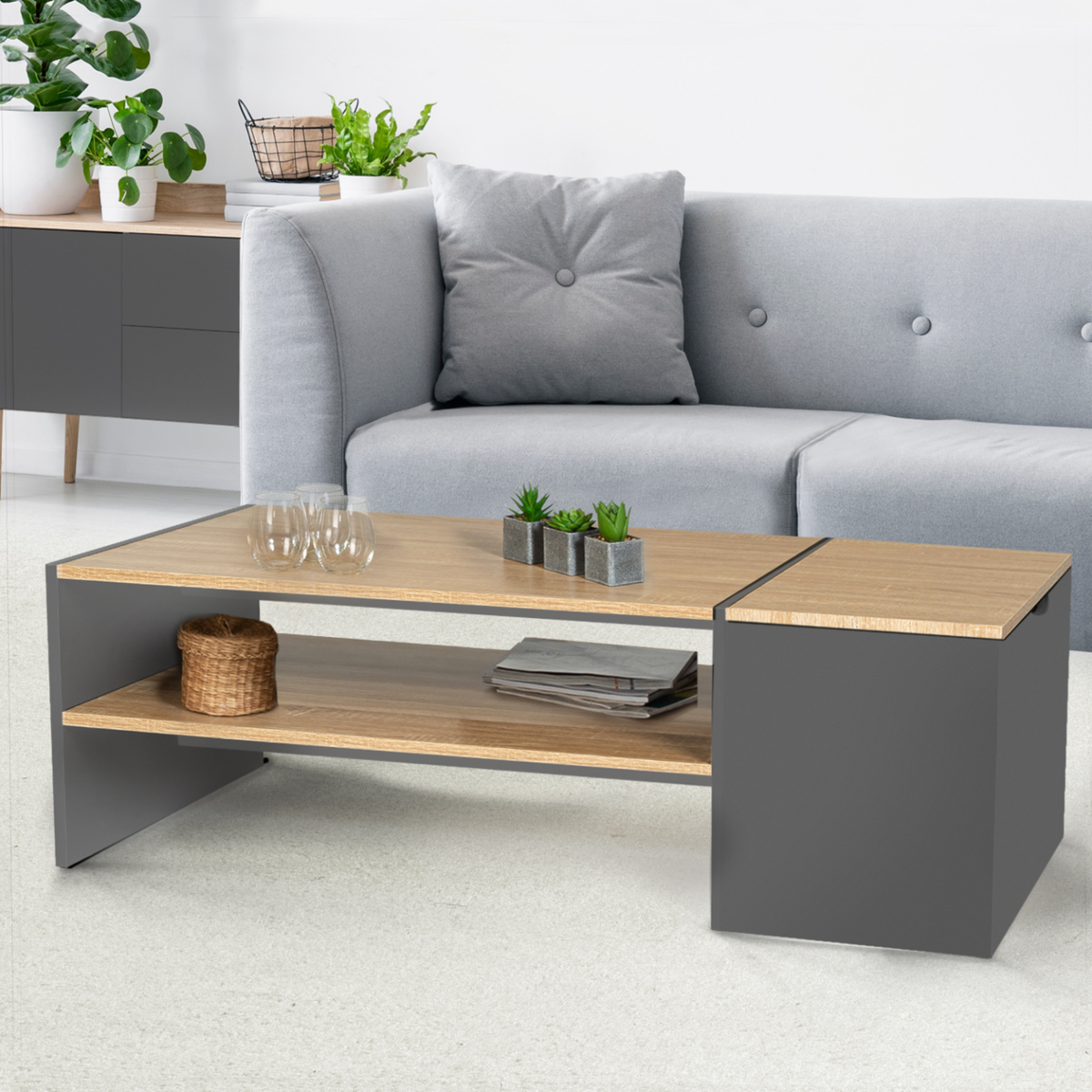 ID MARKET Table basse bar contemporaine rectangulaire IZIA avec coffre gris et plateaux bois