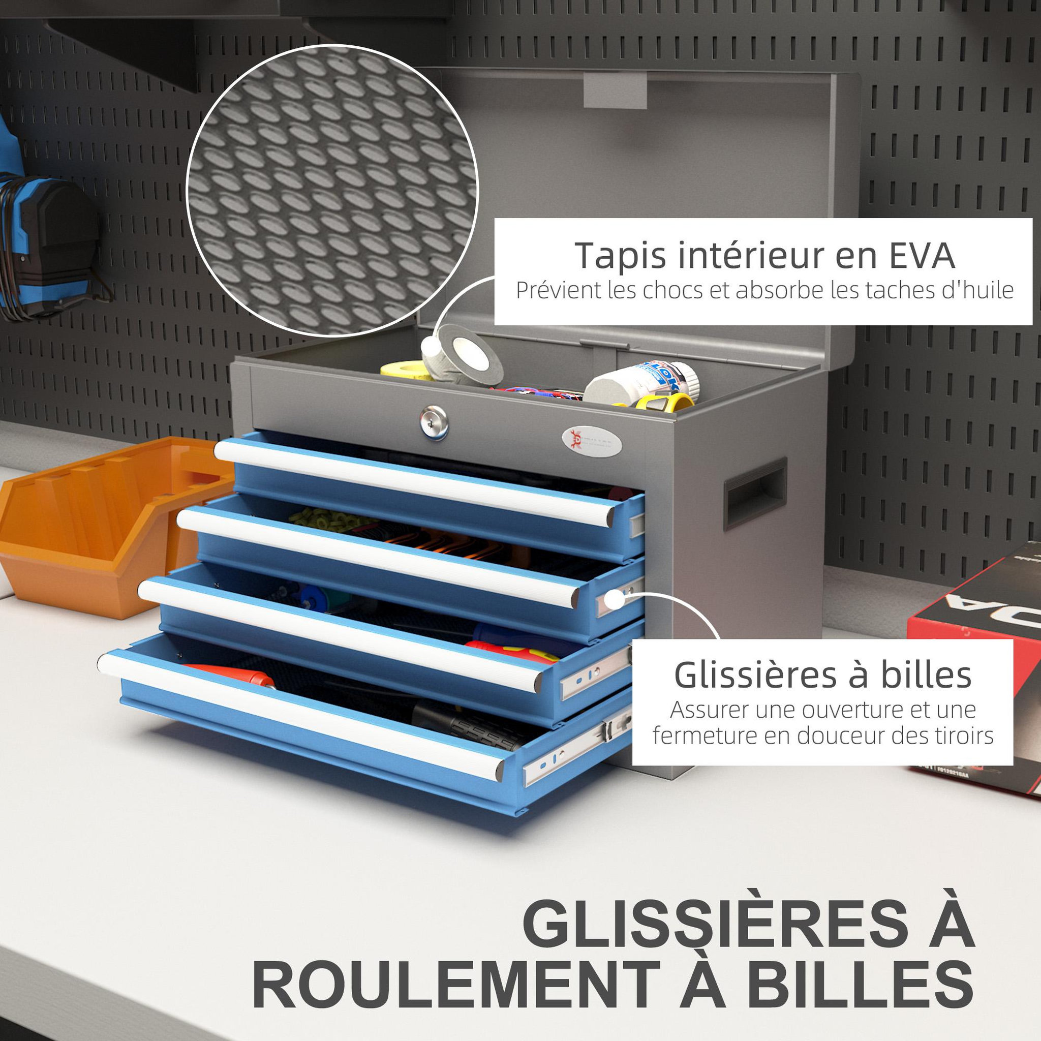 Voir la diapositive 6 : HOMCOM Boite à outils métallique caisse à outils - 4 tiroirs + plateau verrouillables - tapis eva poignées tôle acier gris bleu