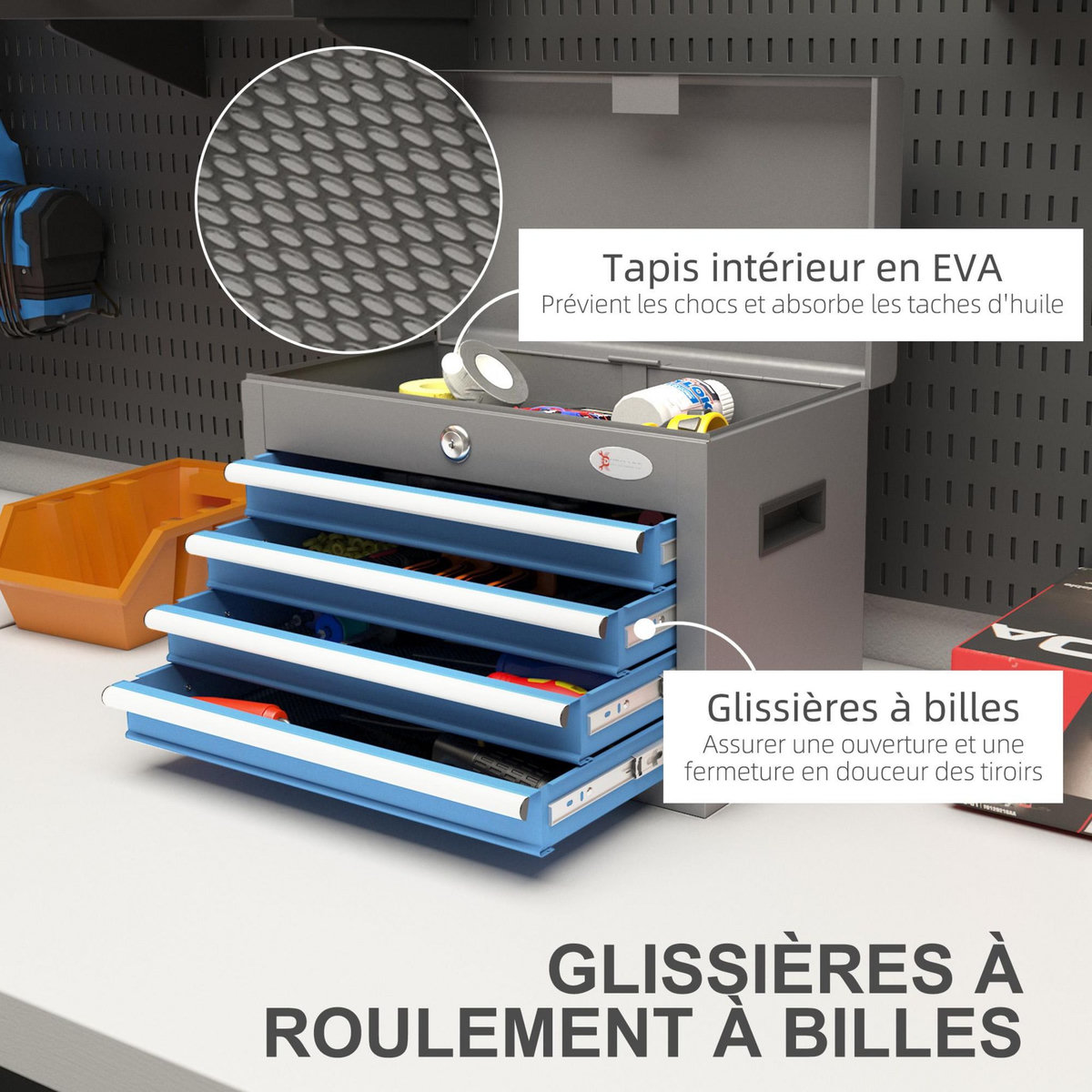 HOMCOM Boite à outils métallique caisse à outils - 4 tiroirs + plateau verrouillables - tapis EVA poignées tôle acier gris bleu