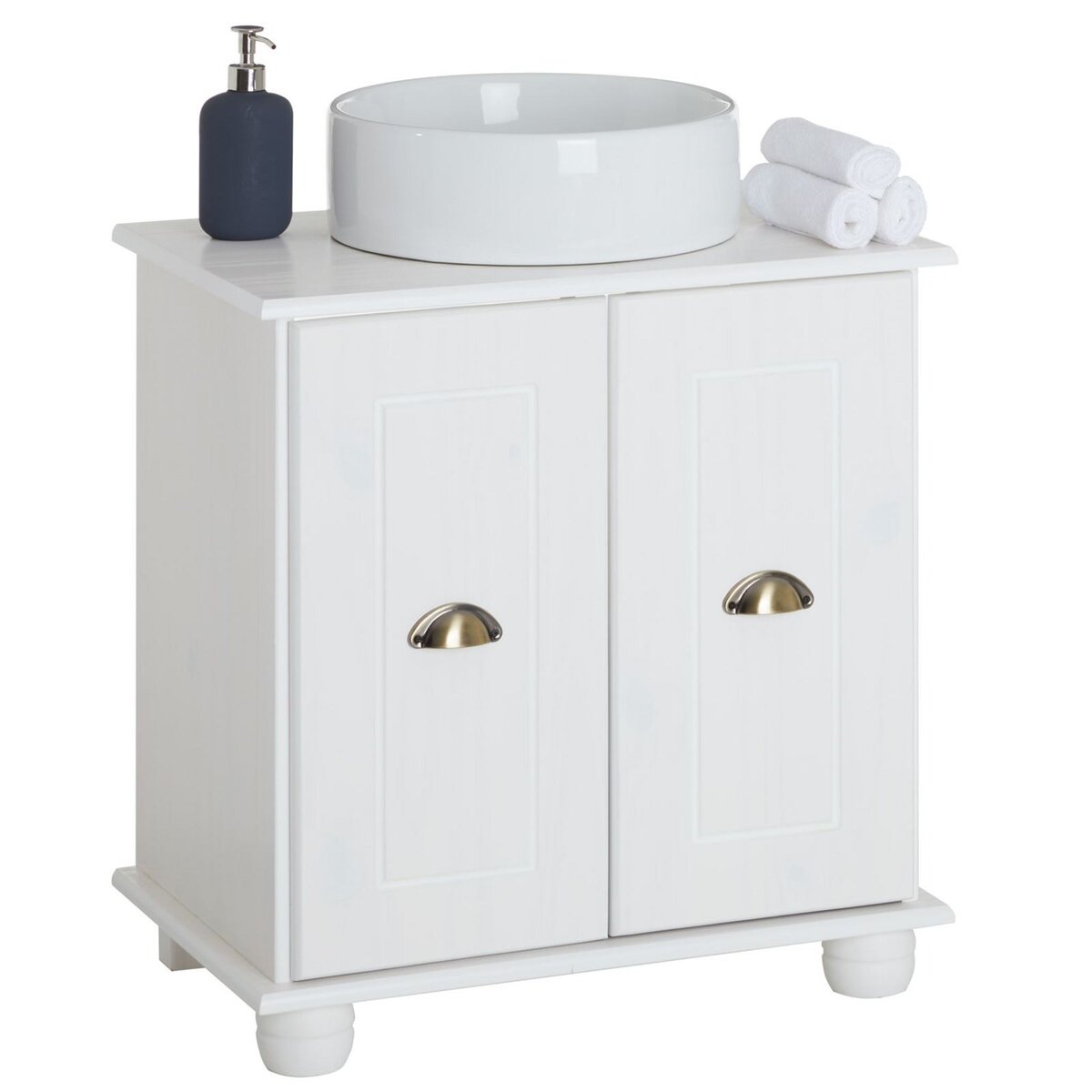 IDIMEX Meuble sous lavabo COLMAR meuble de rangement salle de bain meuble,  sous vasque avec 2 portes, en pin massif lasuré blanc pas cher 