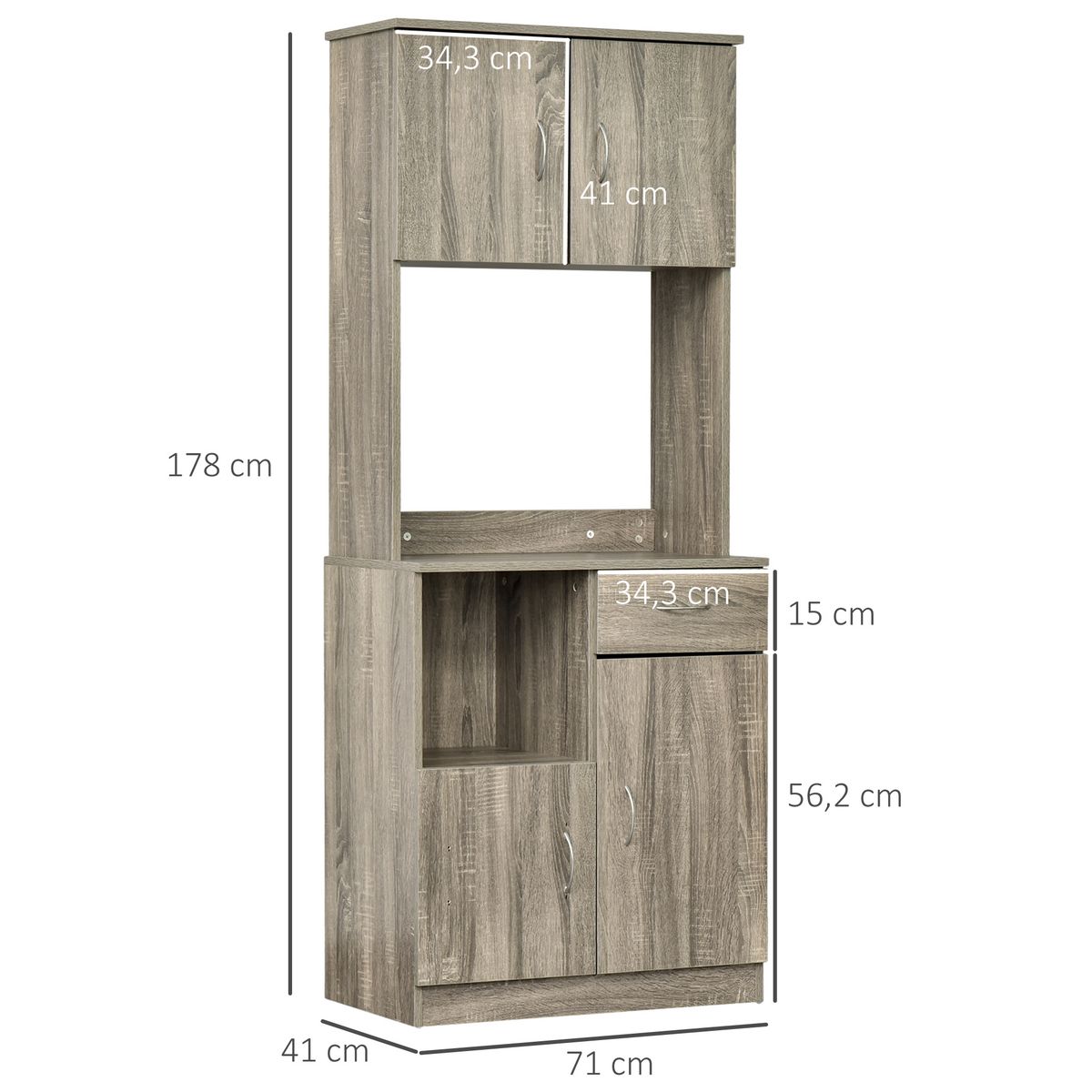 HOMCOM HOMCOM Armoire de cuisine multi-rangements 3 placards 2 niches tiroir panneaux particules classe E1 aspect chêne gris