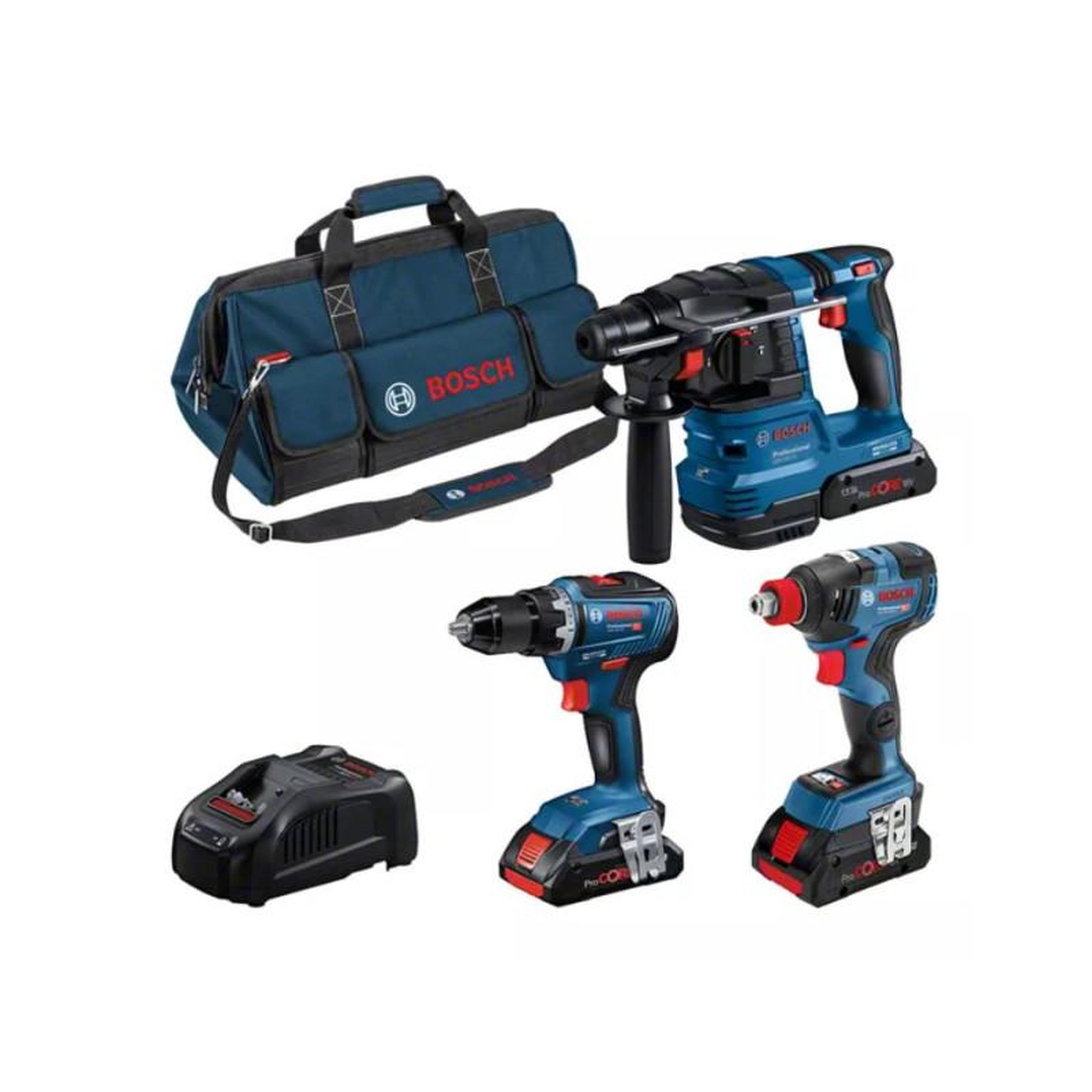 BOSCH Pack 3 machine 18V (GSR55 GBH22 GDX200) + 3 batteries + chargeur rapide + sac BOSCH 0615A5003B