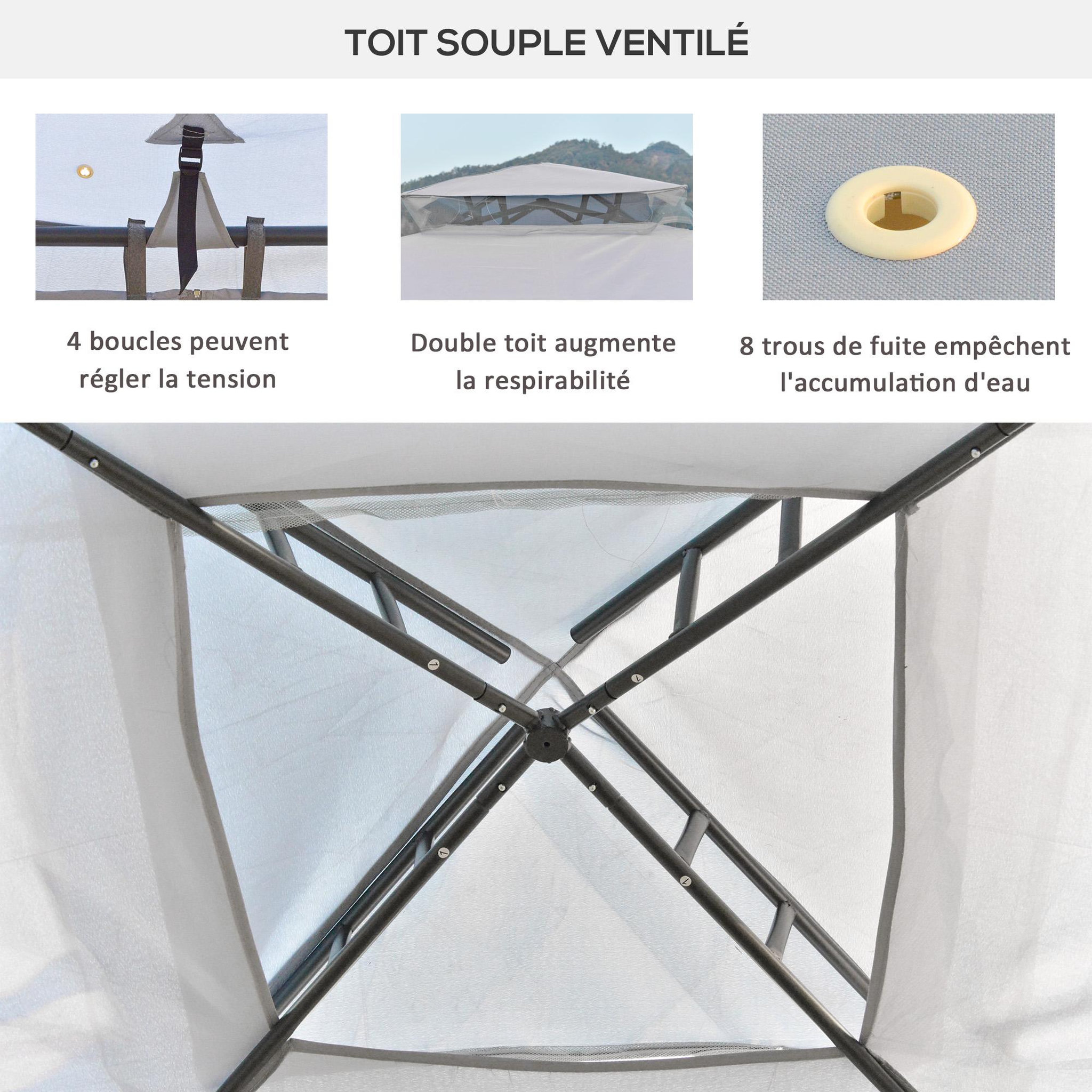 Voir la diapositive 5 : OUTSUNNY Pavillon de jardin tonnelle barnum style colonial double toit toiles moustiquaires amovibles zippées gris