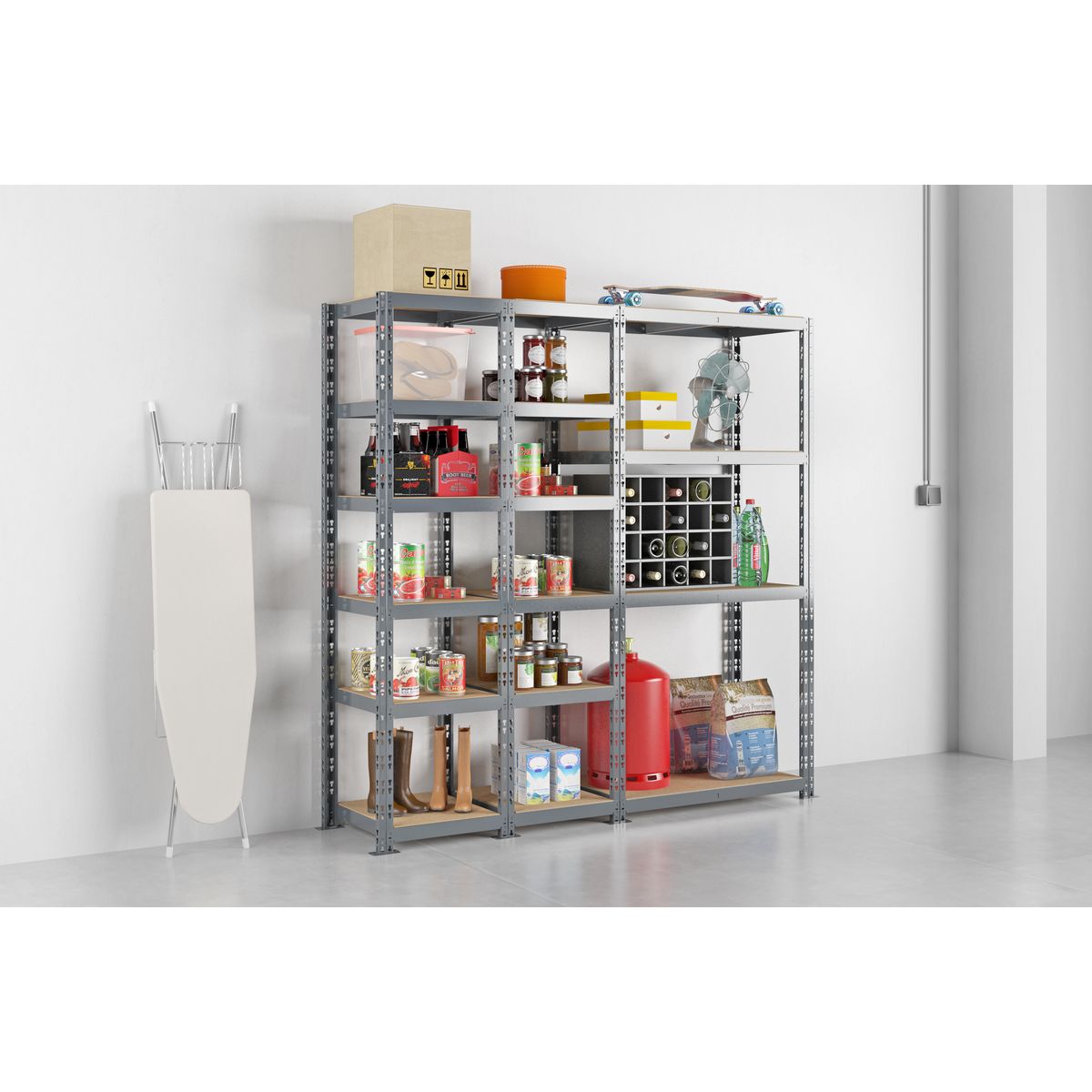 Concept rangement de garage MODULÖ STORAGE SYSTEME EXTENSION 3 étagères -16 plateaux longueur 200 cm