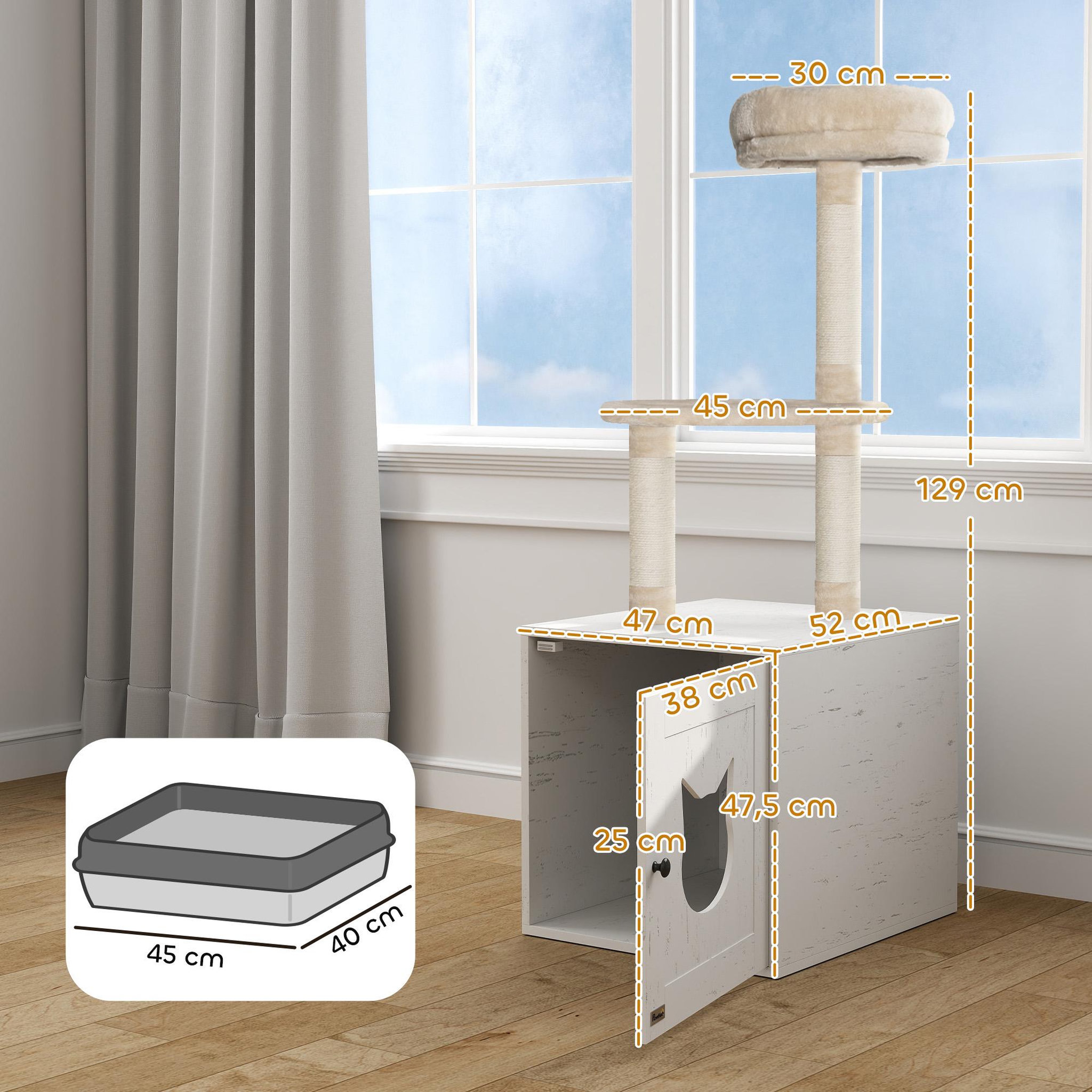 Voir la diapositive 3 : PAWHUT Arbre à chat maison de toilette 2 en 1 - h.129 cm - porte tête de chat - plateforme panier observation - blanc crème