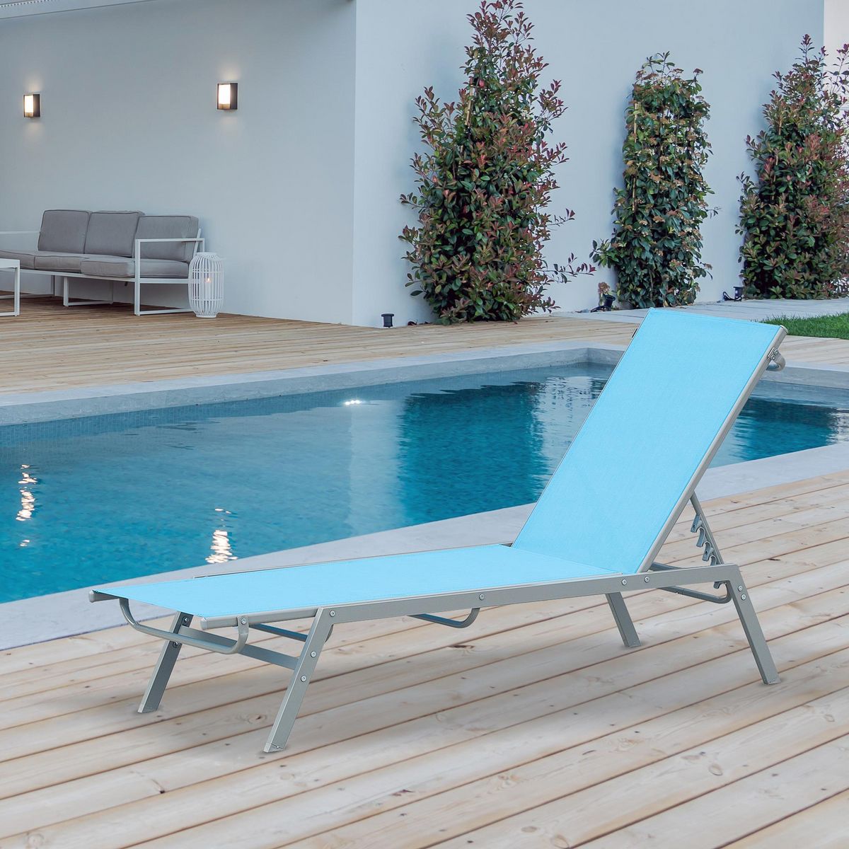 OUTSUNNY Bain de soleil transat - chaise longue - design contemporain - dossier inclinable multi-positions - métal époxy textilène bleu ciel - dim. 170 x 58 x 97 cm