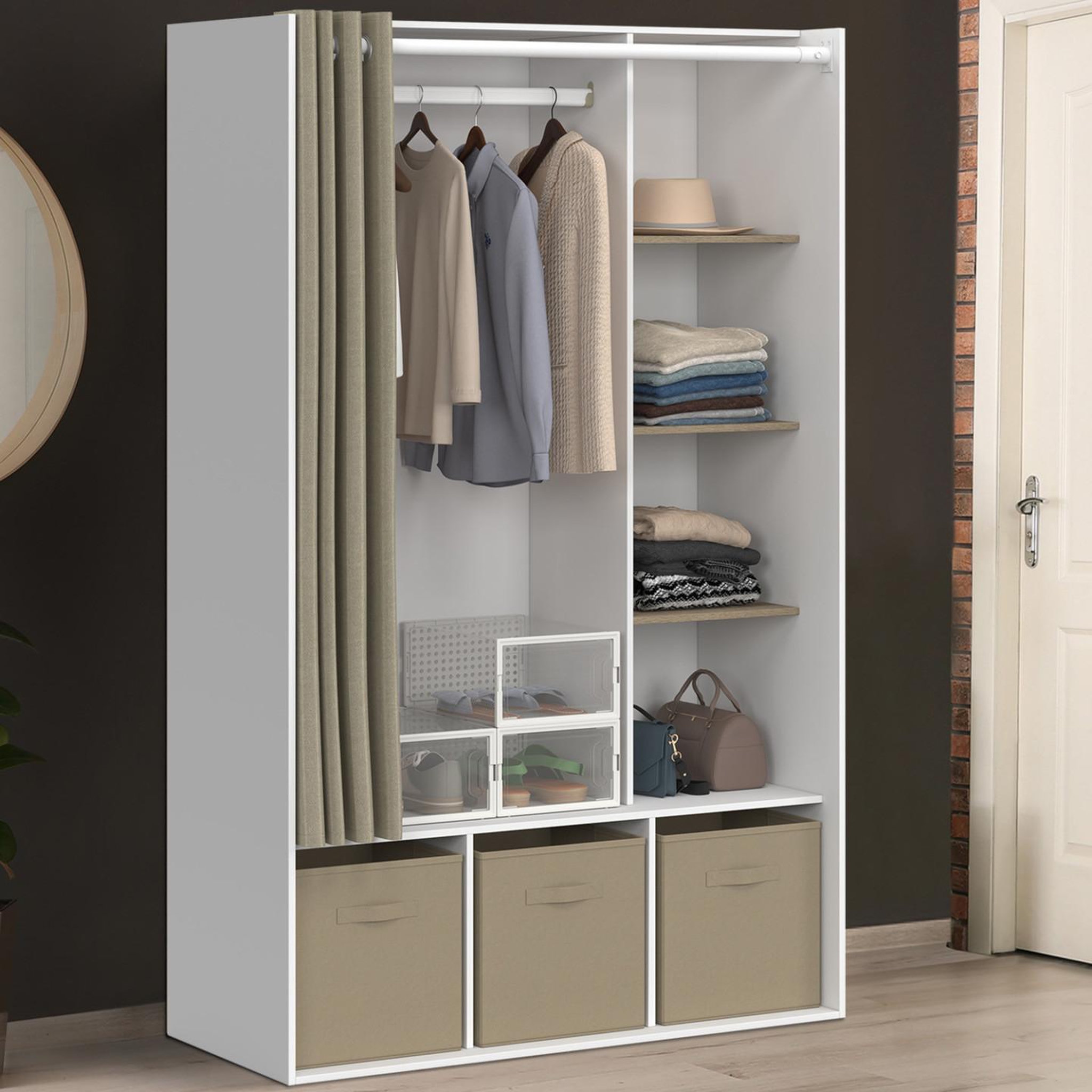 Voir la diapositive 2 : ID MARKET Dressing penderie diane 105 x 45 x 167 cm blanc avec étagères + boites de rangement + rideau taupe