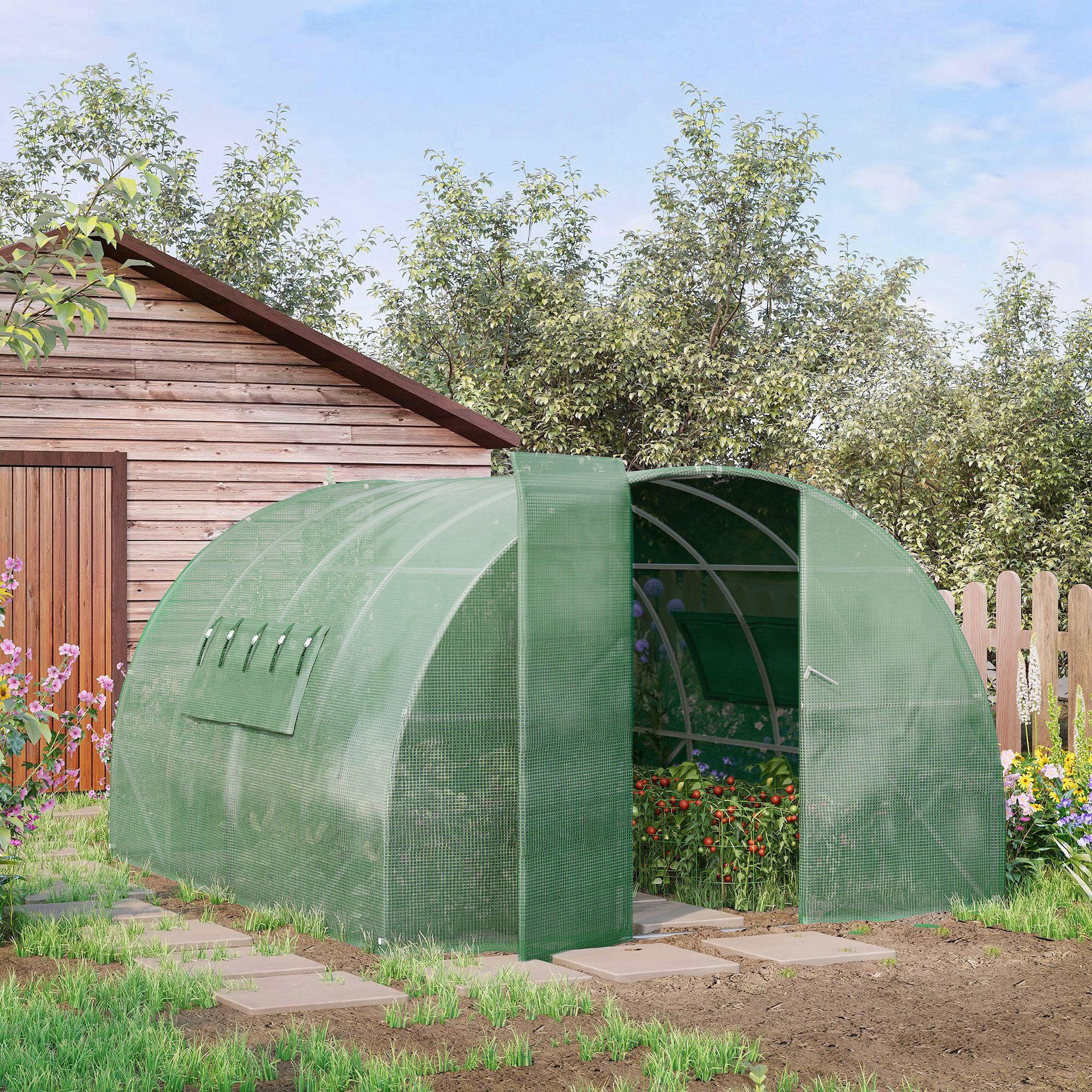 Voir la diapositive 2 : OUTSUNNY Serre de jardin tunnel 11 m² acier galvanisé renforcé diamètre 2,4 cm + PE haute densité fenêtres porte vert