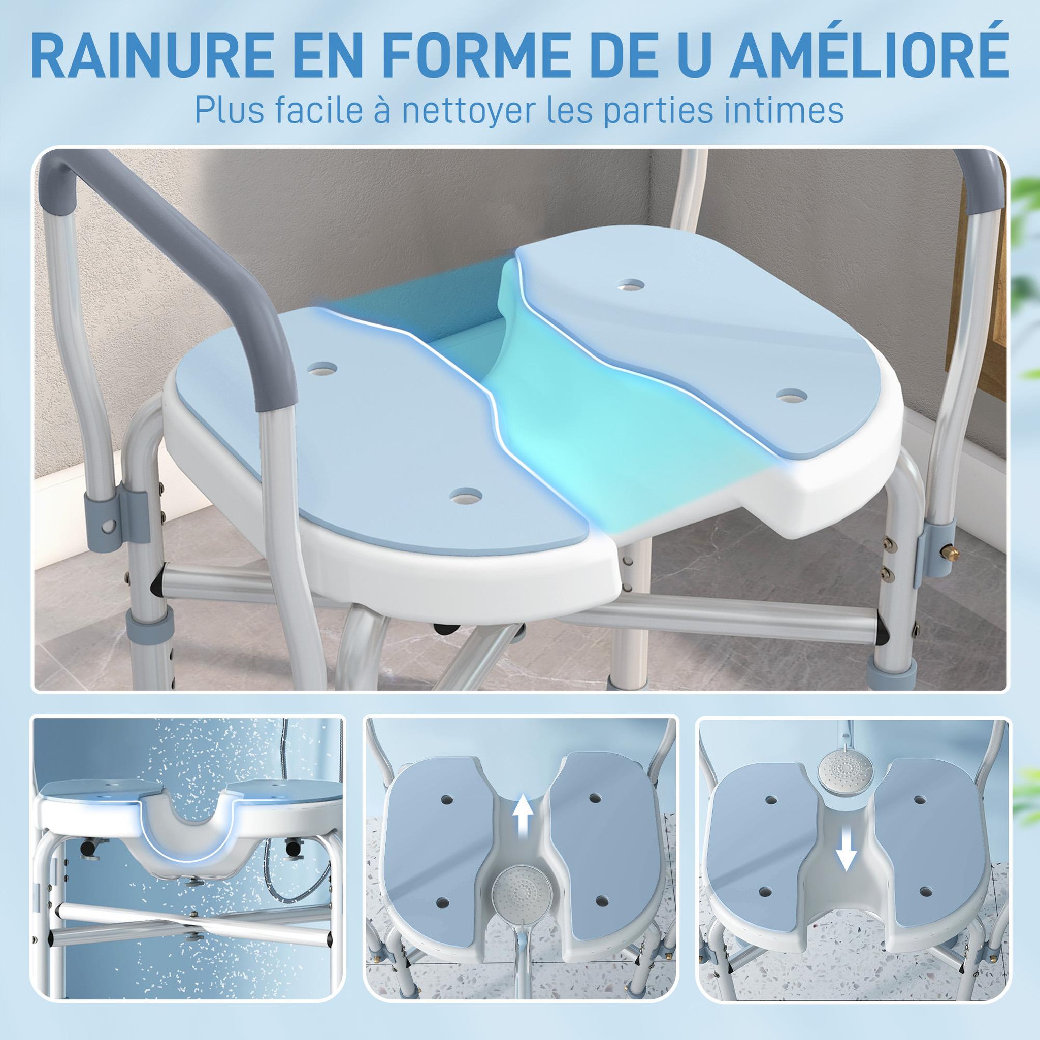 Voir la diapositive 6 : HOMCOM Siège de douche avec accoudoirs hauteur réglable antidérapant alu hdpe bleu balnc gris