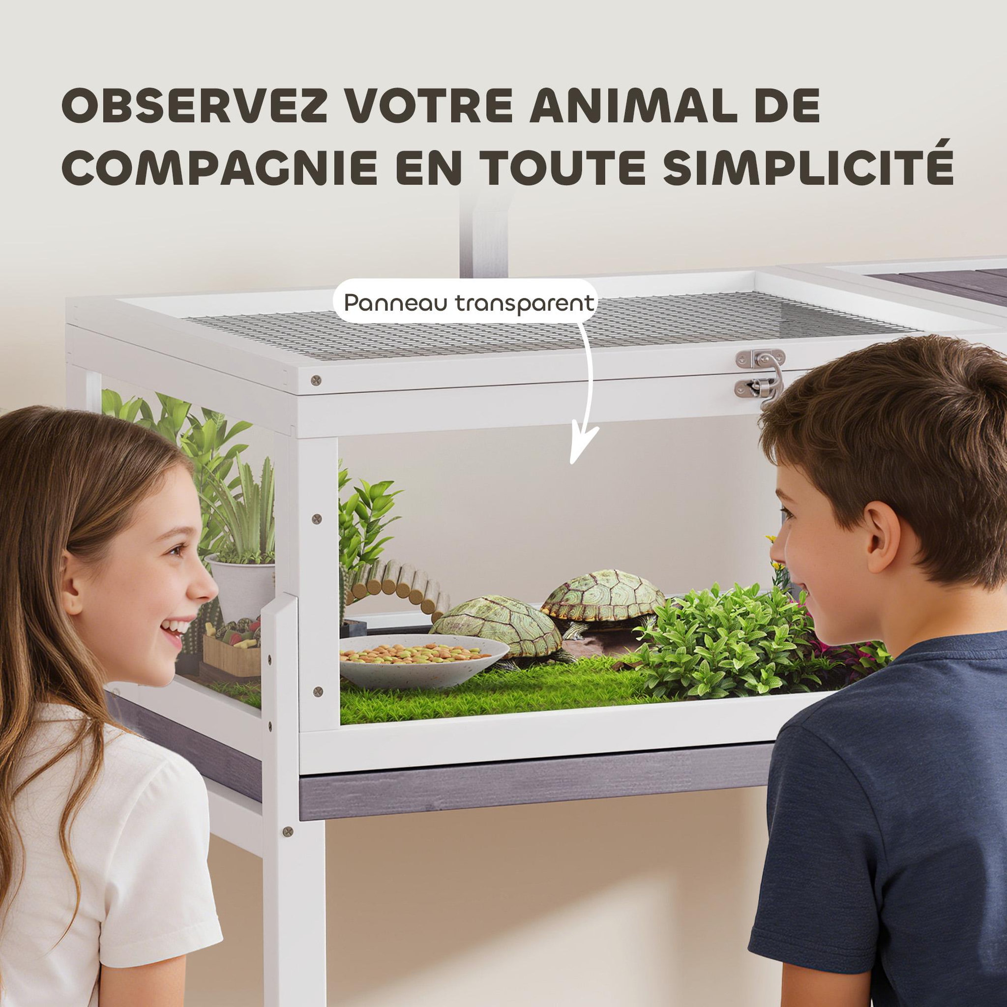 Voir la diapositive 5 : PAWHUT Terrarium maison tortue sur pied - niche, plateau déjection, support lampe - bois blanc gris