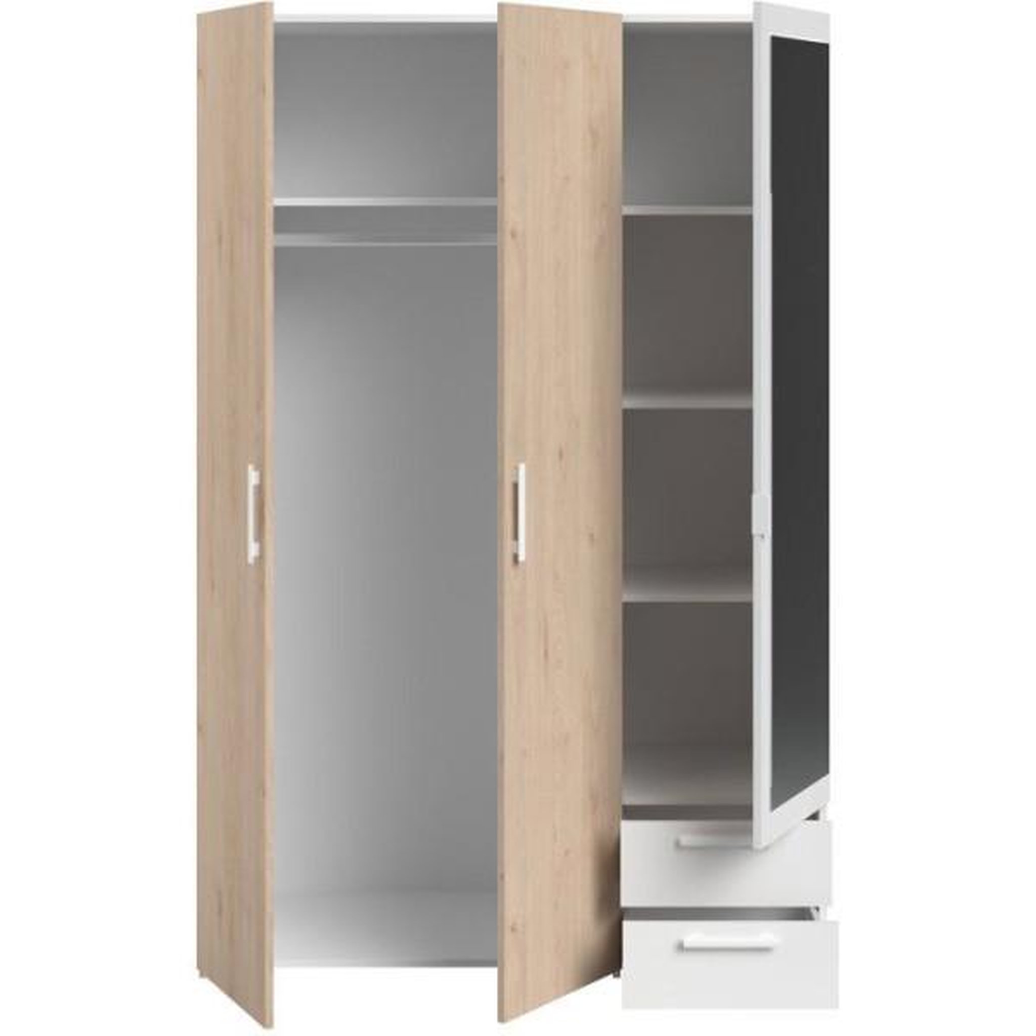 Voir la diapositive 6 : PARISOT Armoire VARIA - Panneaux de particules revetu papier - Décor chene et blanc - 3 portes - L 120,3 x P 5,7 x H 185 cm