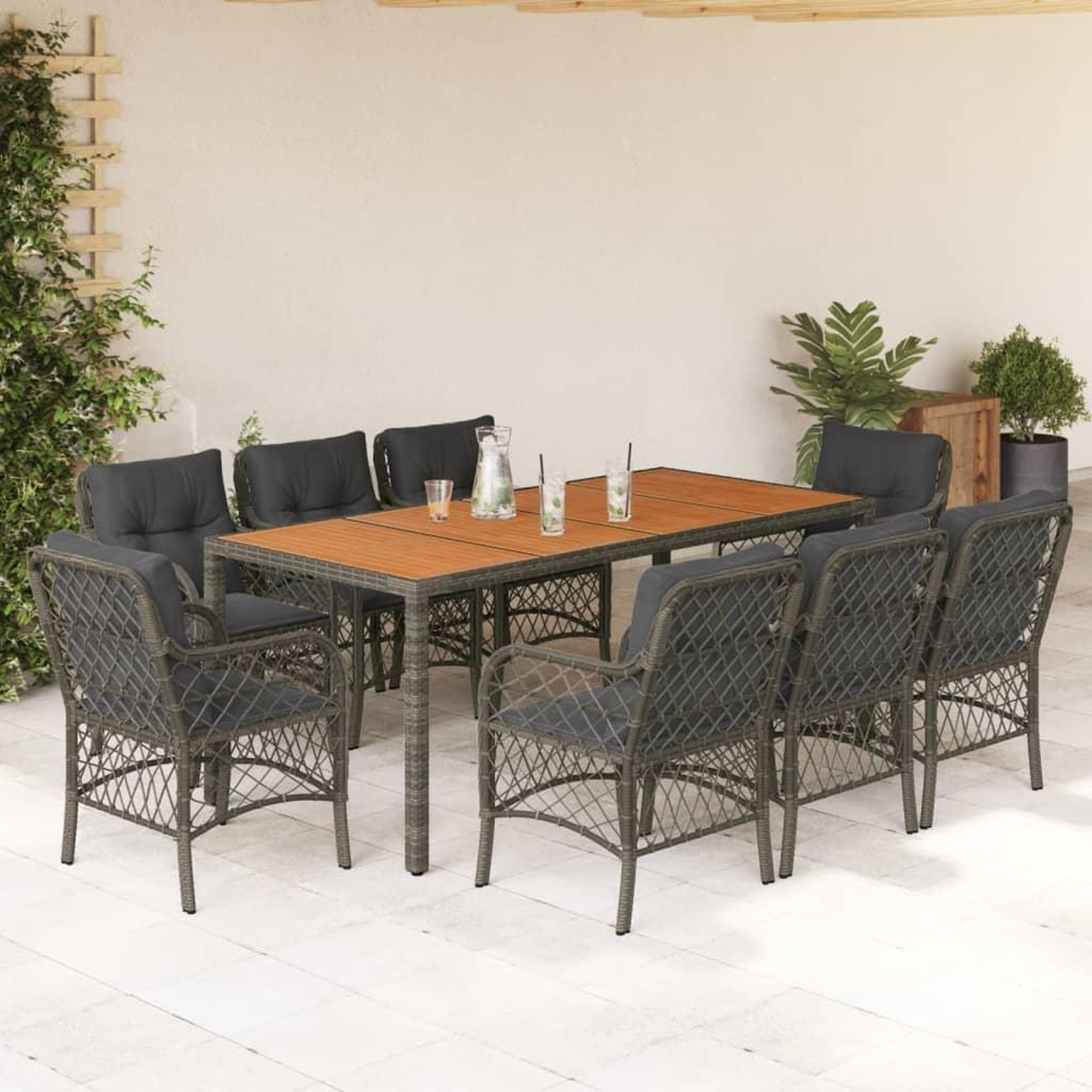 VIDAXL Ensemble a manger de jardin 9 pcs coussins gris resine tressee