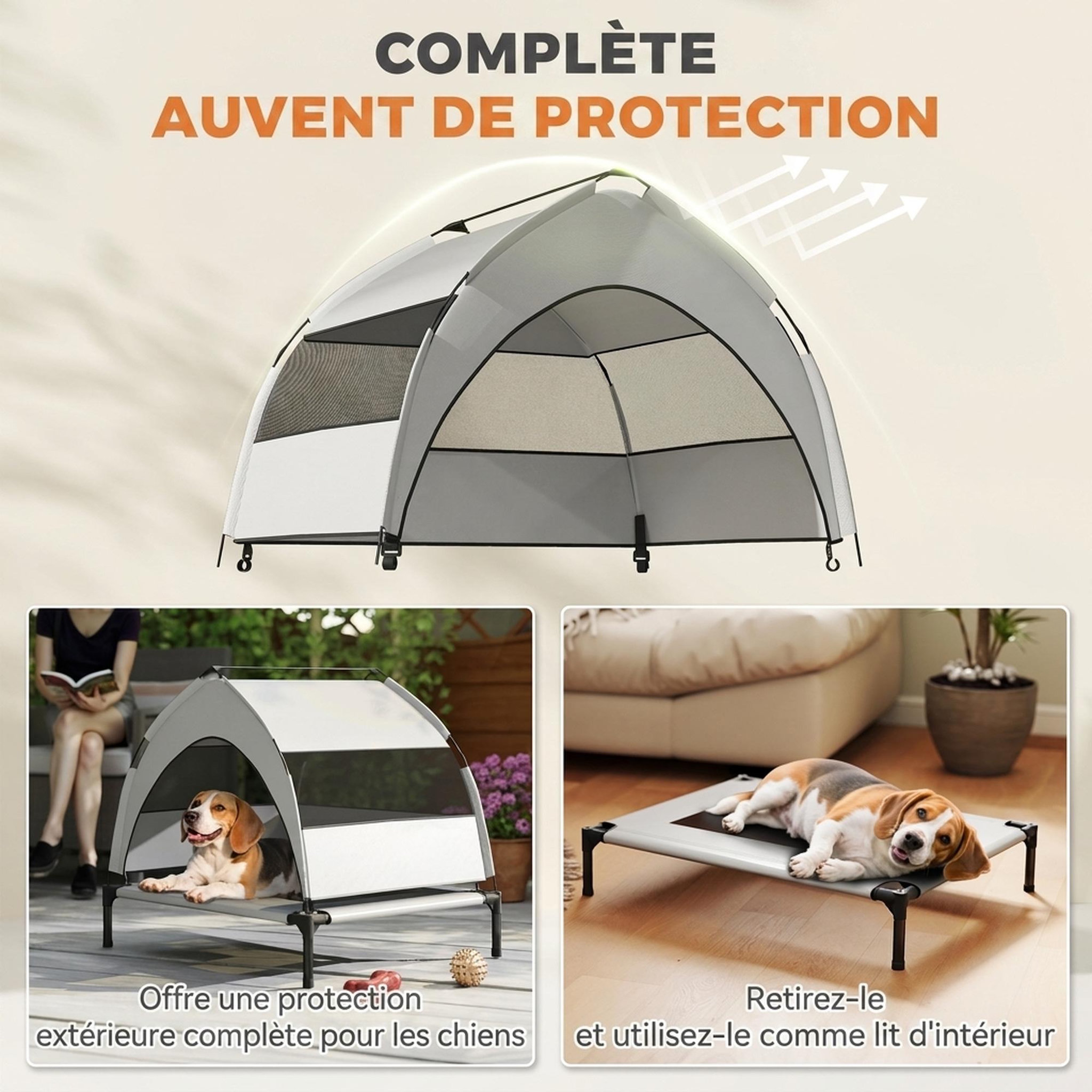 Voir la diapositive 6 : PAWHUT Lit pour chien sur pieds taille M avec auvent gris