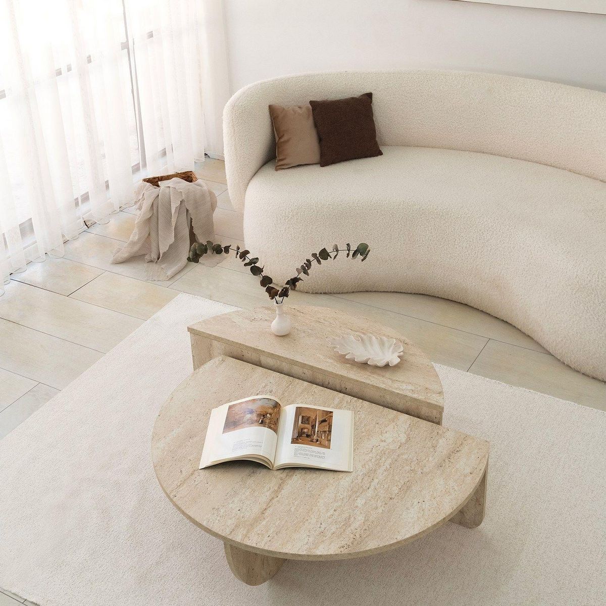 TOILINUX Table basse ronde grand format effet travertin - Beige