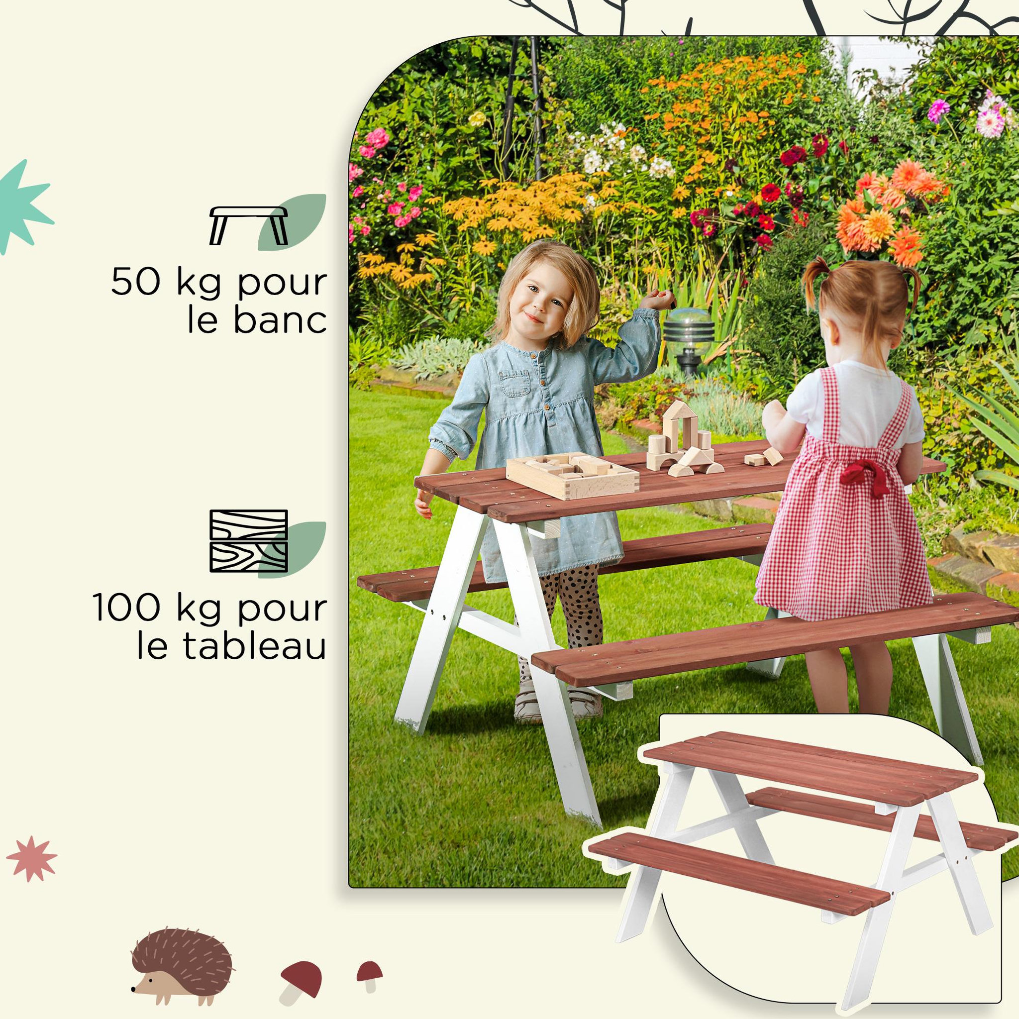 Voir la diapositive 5 : OUTSUNNY Table de pique-nique enfant - 2 bancs - assises, plateau à lattes - bois sapin blanc brique