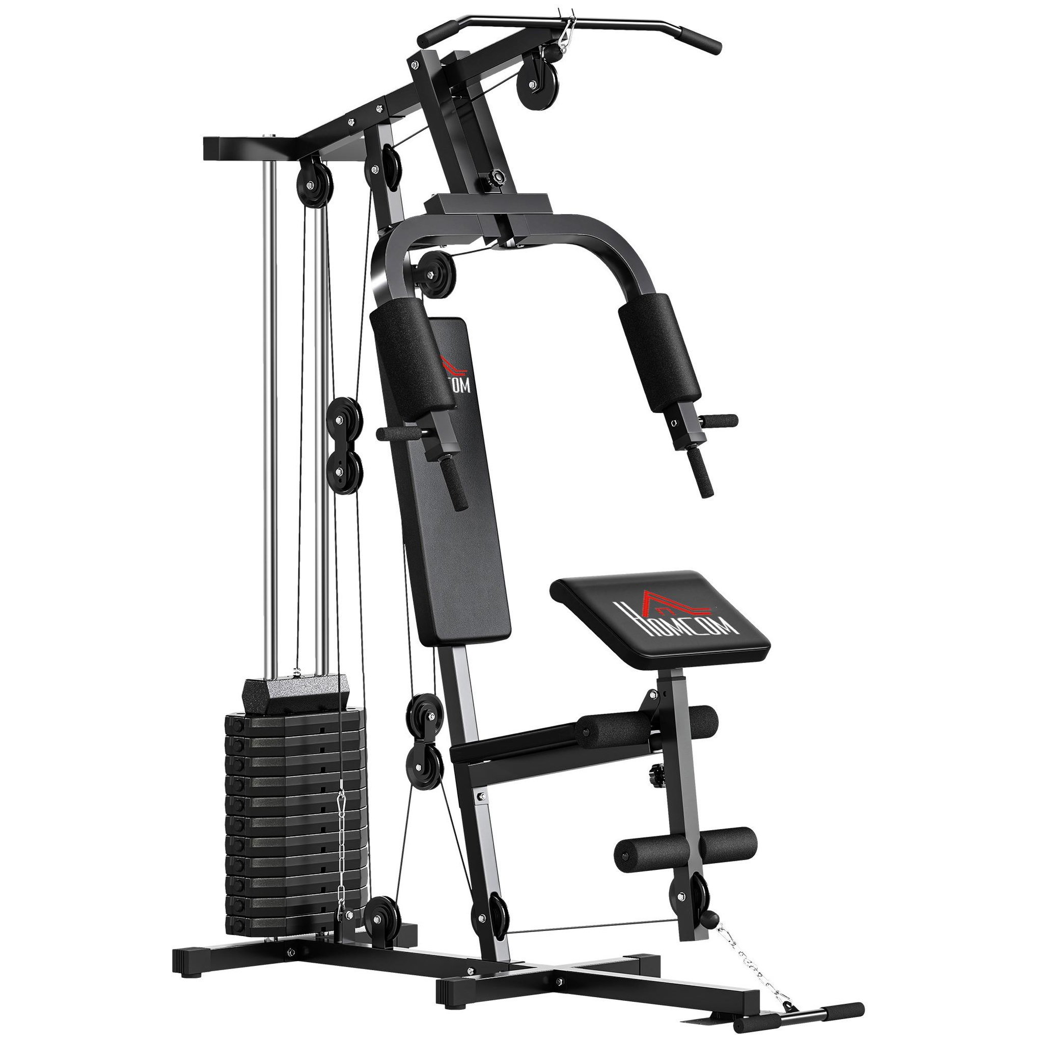 Voir la diapositive 5 : HOMCOM Station de musculation - développé couché, butterfly, barre latissimus, curler, bande résistance - 12 contrepoids - acier noir