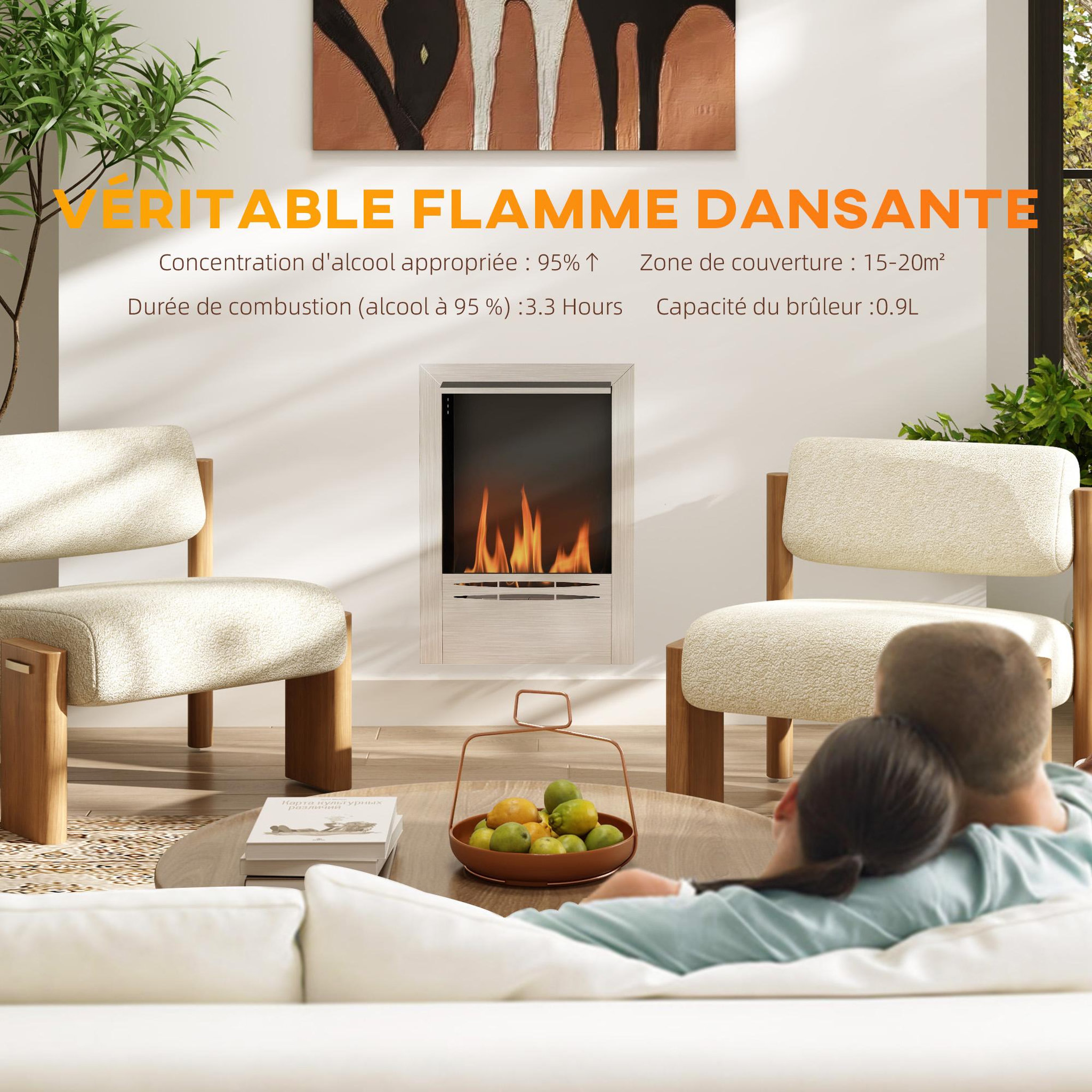 Voir la diapositive 6 : HOMCOM Cheminée bioéthanol encastrable design - 0,9L - 48 x 18 x 59 cm - acier inox. brossé