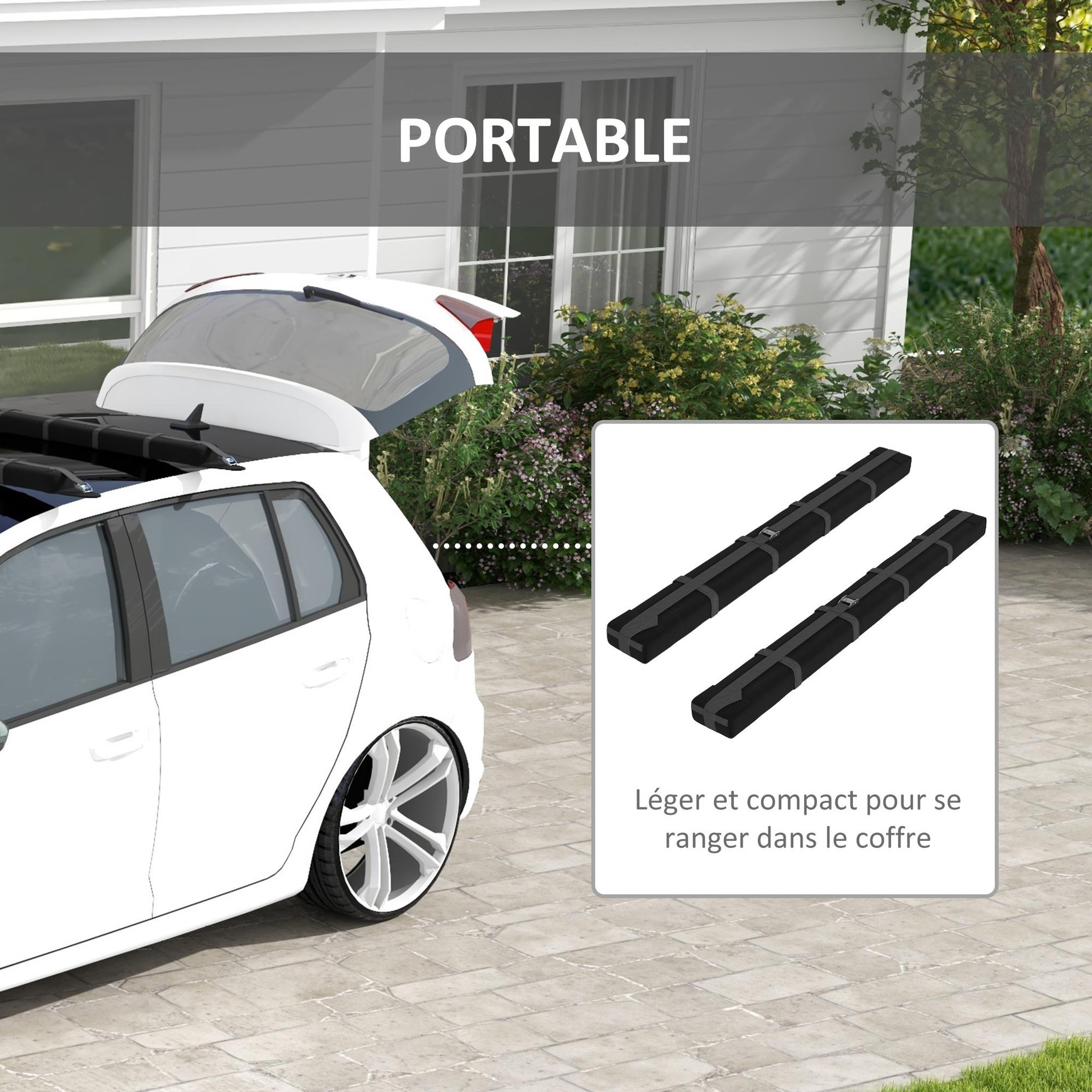 Voir la diapositive 6 : HOMCOM Lot de 2 barres de toit gonflable - adaptable sur la plupart des voitures - charge max. 75 Kg - sangles, sac inclus - EVA nylon noir