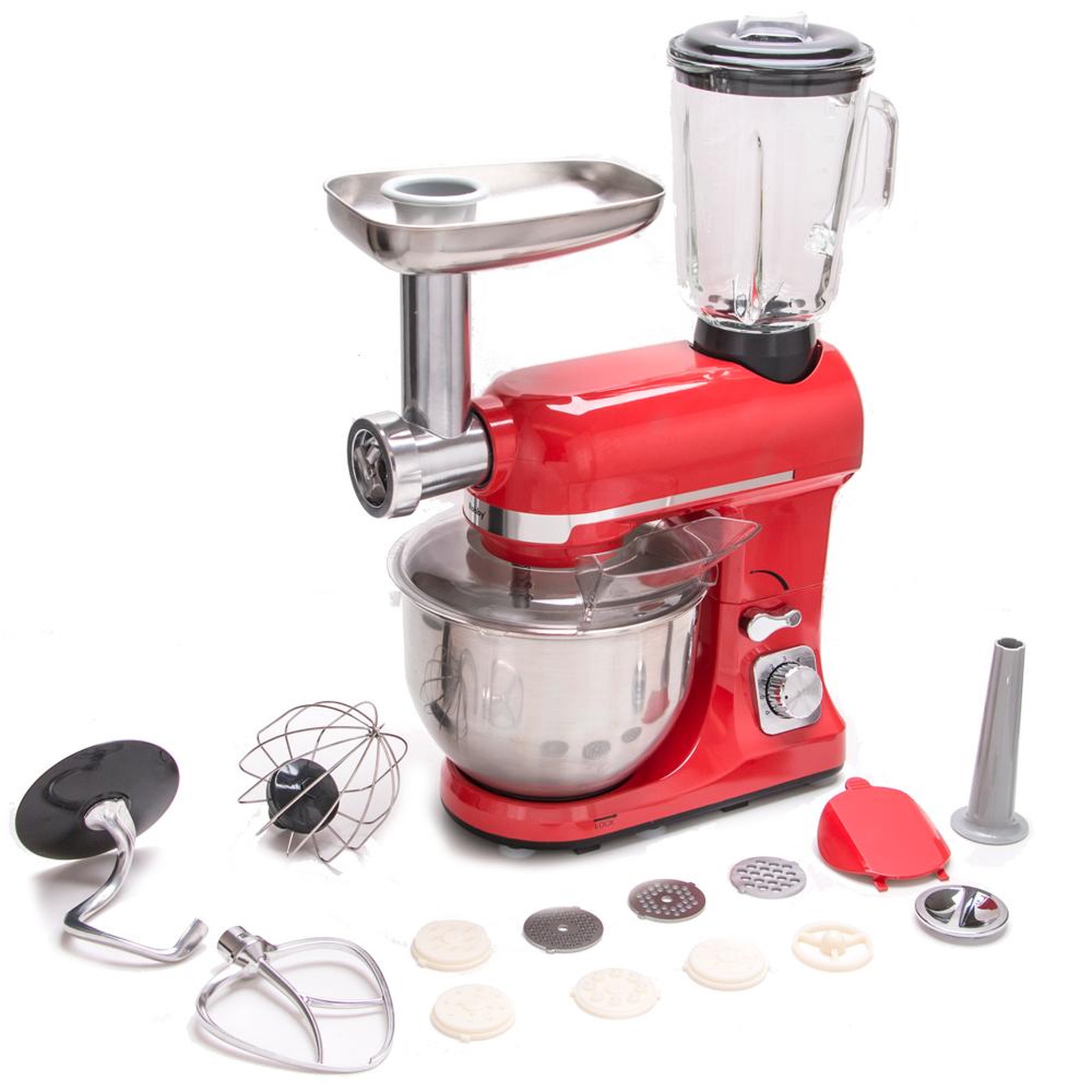 Voir la diapositive 6 : Robby Robot multifonctions 5l 1000w rouge avec hachoir et blender 1,5l en verre - robimix rouge