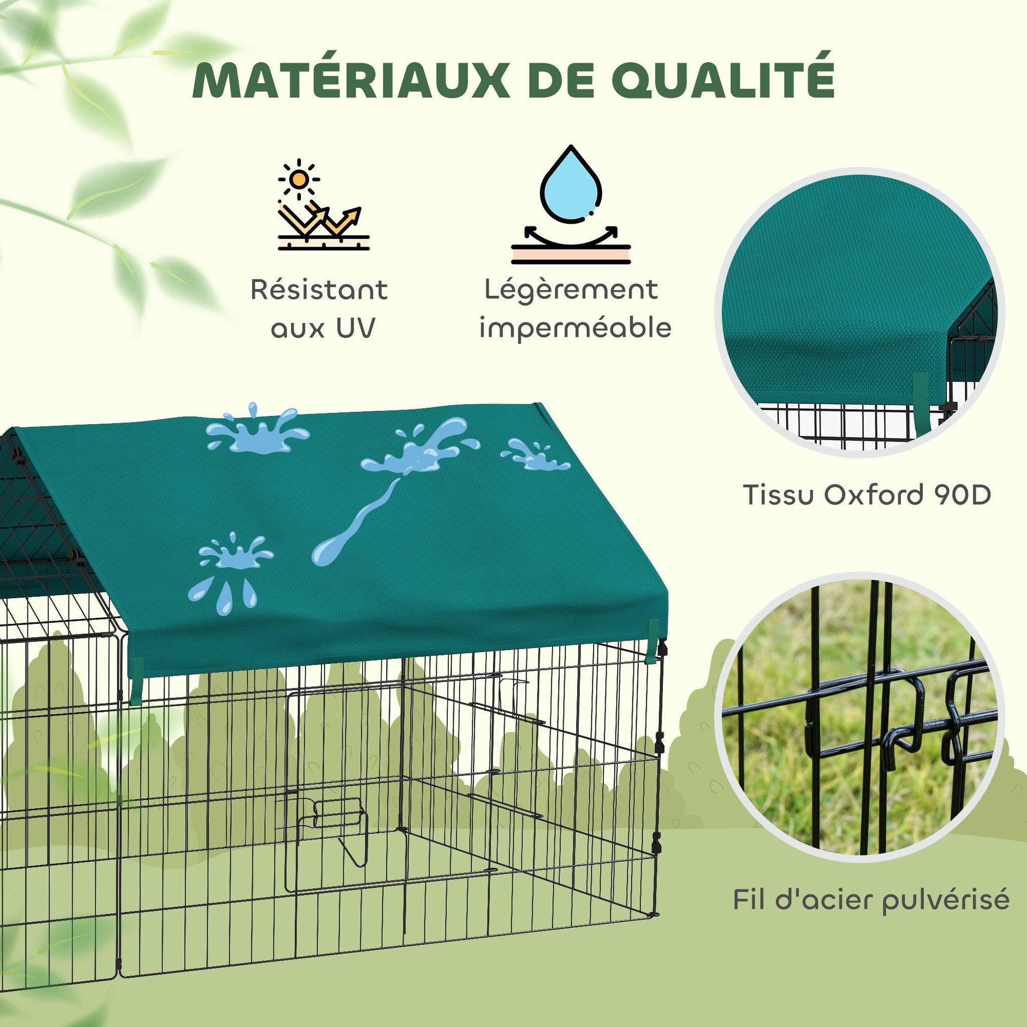 Voir la diapositive 6 : PAWHUT Parc enclos petits animaux - 2 portes, 2 trappes nourrissages, zone couverte - acier noir polyester vert