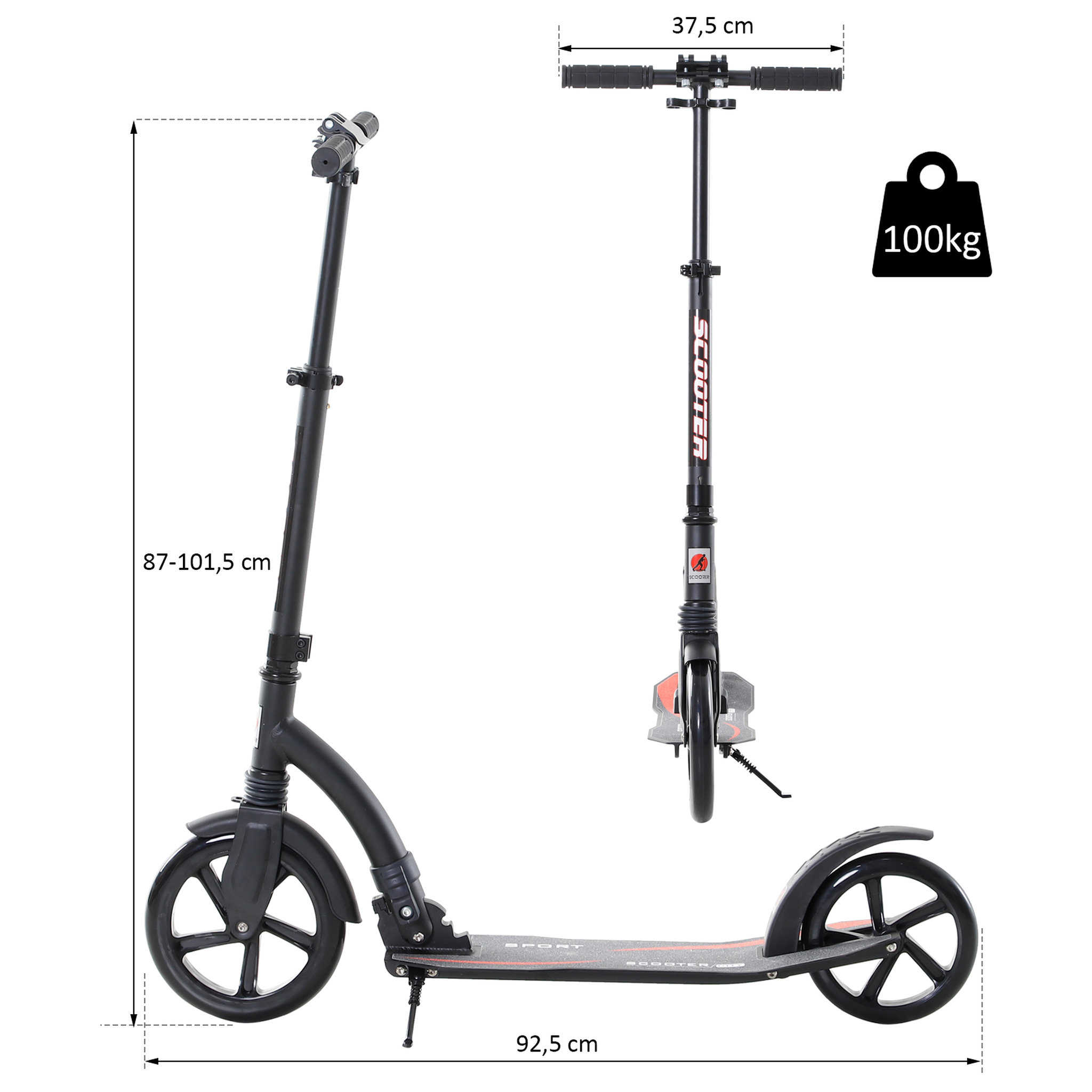 Voir la diapositive 3 : HOMCOM Trottinette pliable pour adulte enfant à partir 14 ans 92,5 x 37,5 x 87-101,5 cm hauteur guidon réglable alu noir