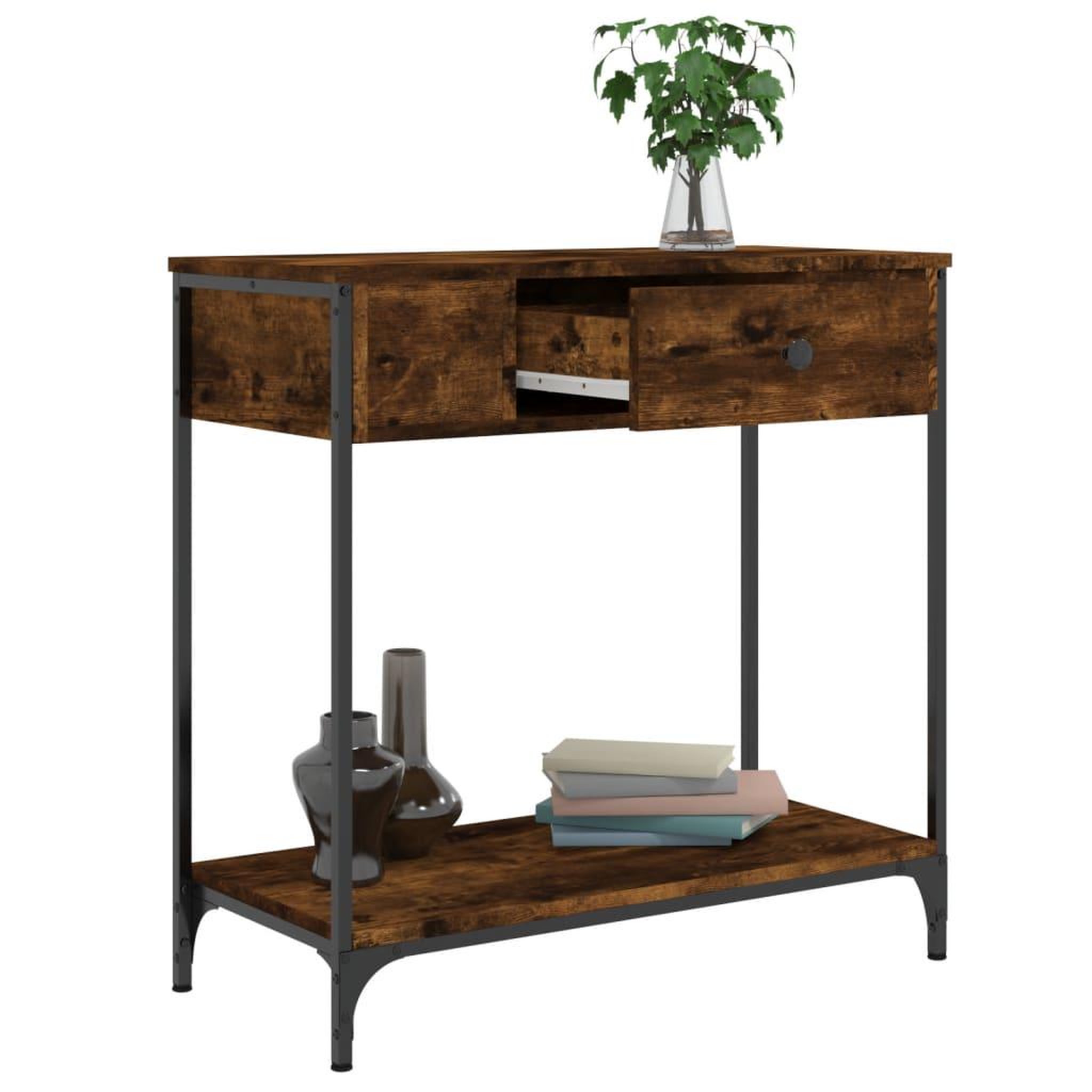 Voir la diapositive 4 : VIDAXL Table console chene fume 75x34,5x75 cm bois d'ingenierie