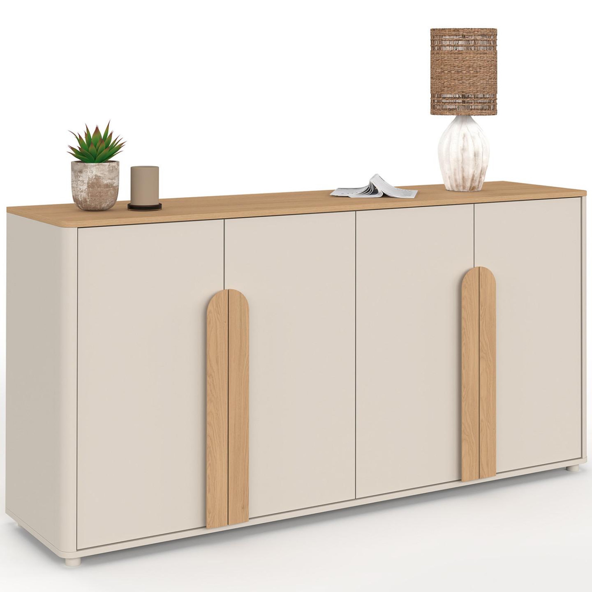 ID MARKET Buffet 160 cm tirana 4 portes avec grandes poignées beige et bois clair