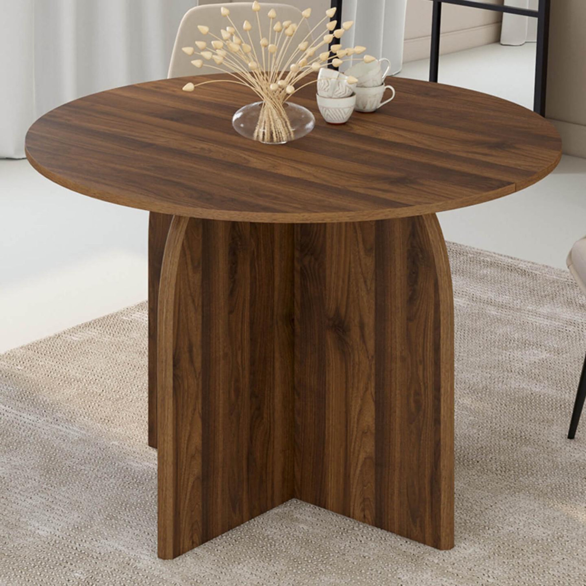 Voir la diapositive 4 : ID MARKET Table à manger extensible japandi ronde edith 4-8 personnes pied central design arrondi noyer 110-150 cm