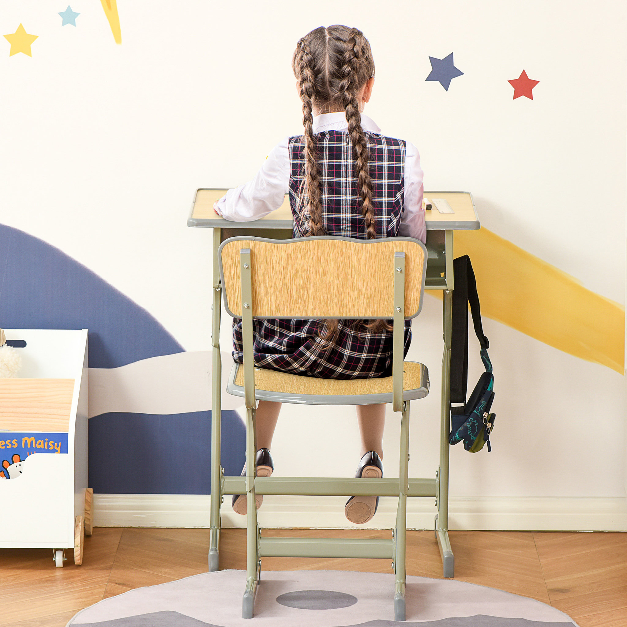 Voir la diapositive 2 : HOMCOM HOMCOM Bureau enfant Vintage style pupitre d'écolier - ensemble bureau et chaise réglable - case de rangement, bracket, range-stylos - acier kaki MDF aspect bois clair