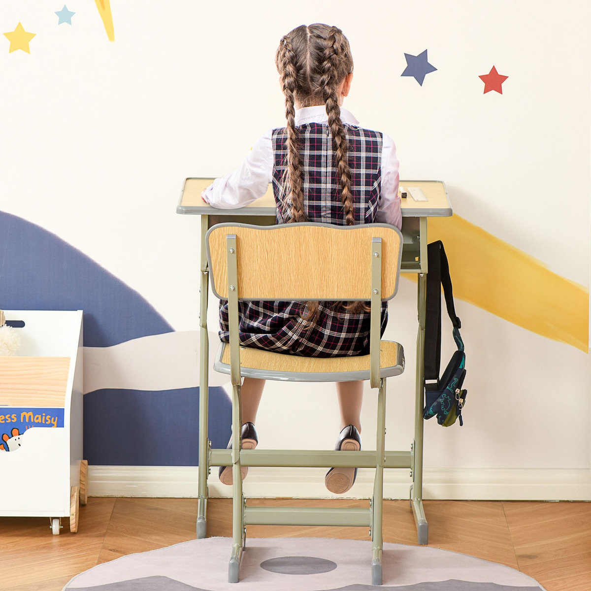 HOMCOM HOMCOM Bureau enfant Vintage style pupitre d'écolier - ensemble bureau et chaise réglable - case de rangement, bracket, range-stylos - acier kaki MDF aspect bois clair