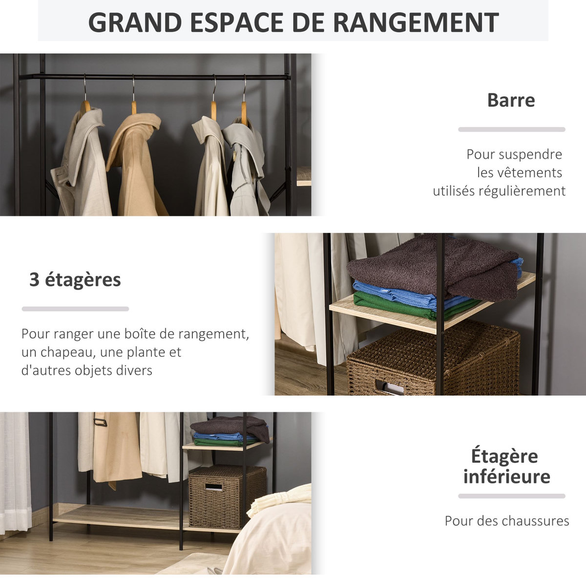 HOMCOM Penderie portant à vêtements style industriel en métal avec tringle et 4 étagères - dim. 100L x 46L x 170,5H cm - métal aspect chêne clair