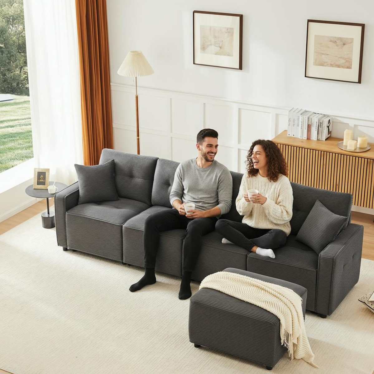 MERAX Canapé d'angle réversible fixe 4 places tissu coffre de rangement