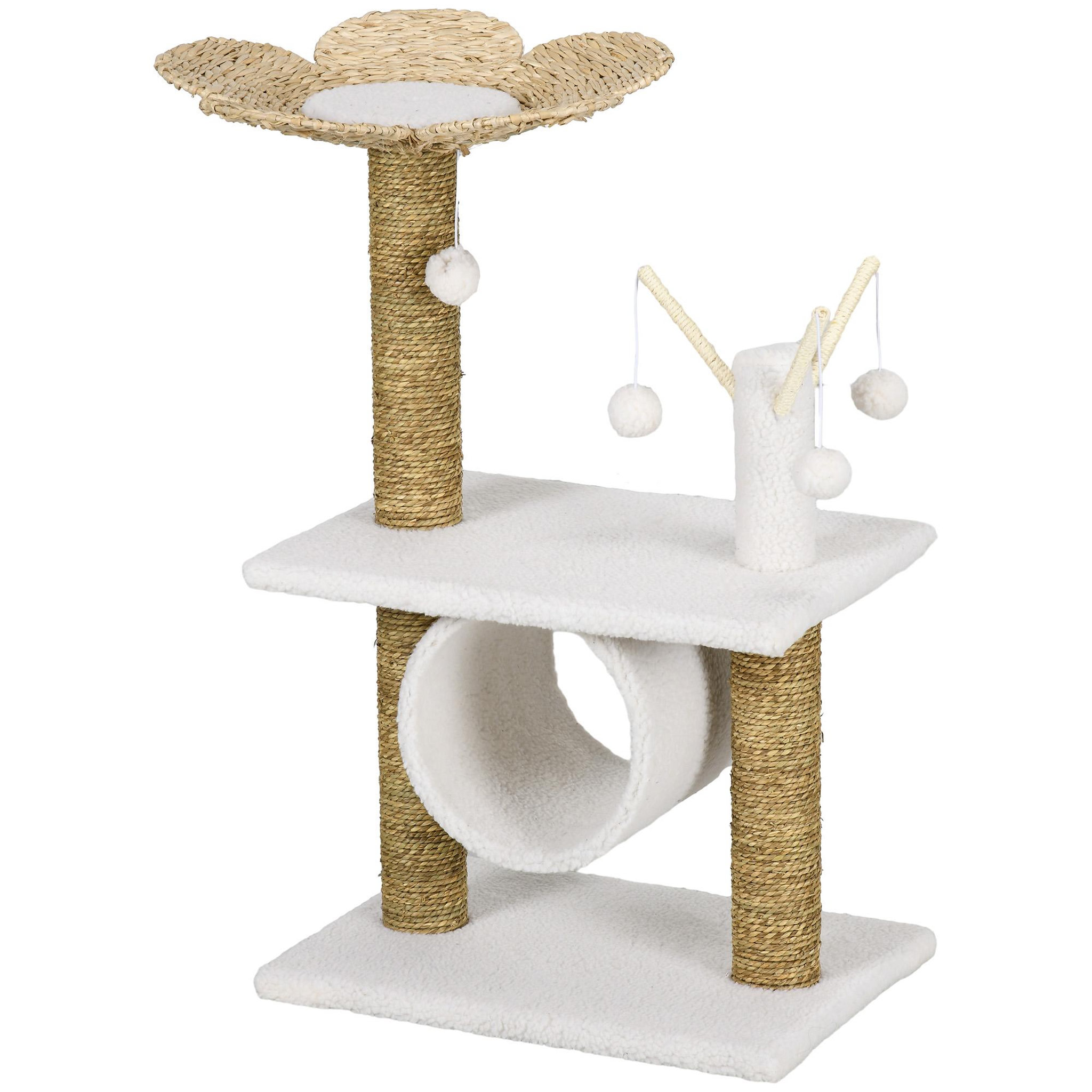 PAWHUT Arbre à chat style cosy chic fleur - griffoirs, tunnel, plateformes, 4 jeux de boules -  peluche blanche quenouille tressée