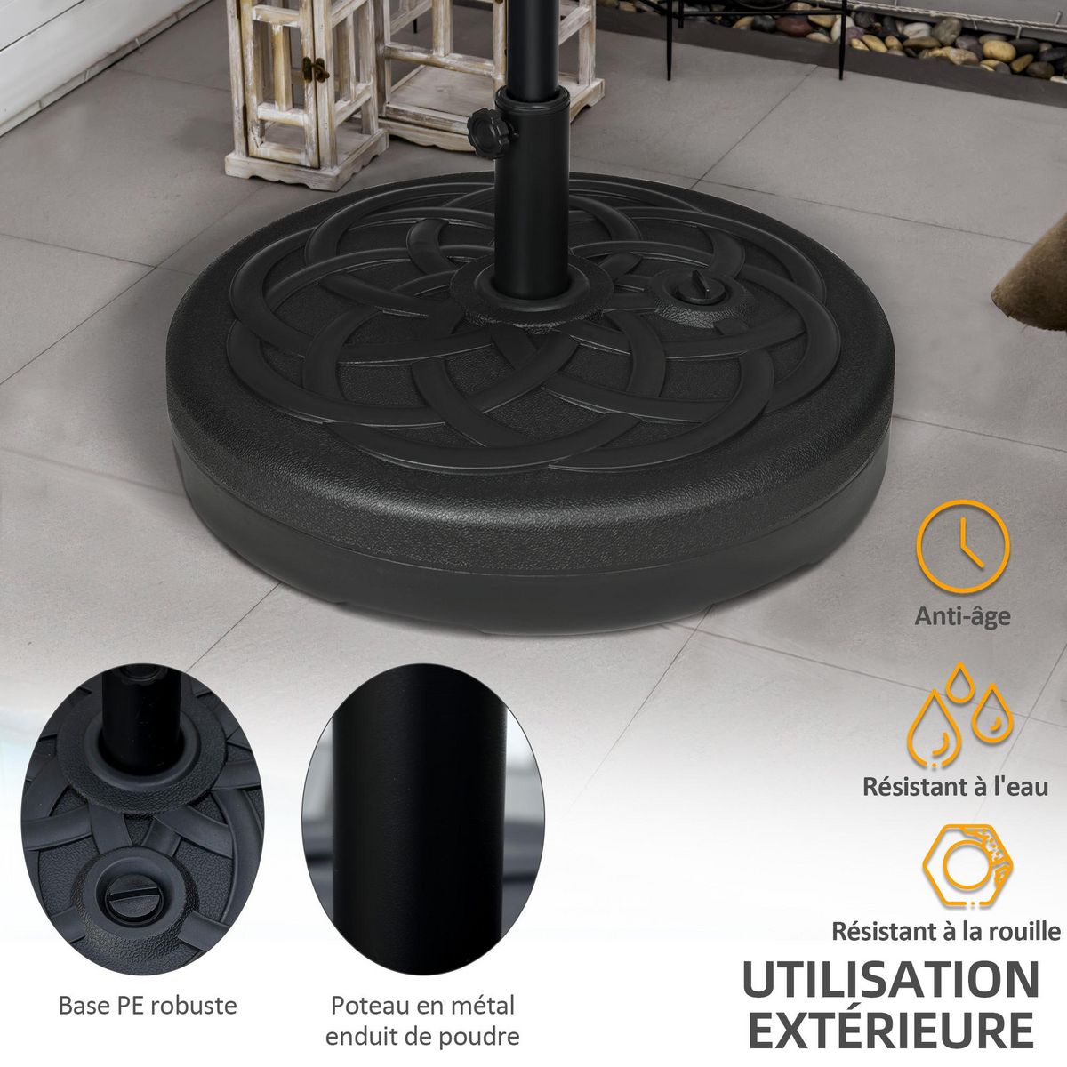 OUTSUNNY Pied de parasol base de lestage parasol rond Ø 56 x 30,5H cm à lester métal PE noir