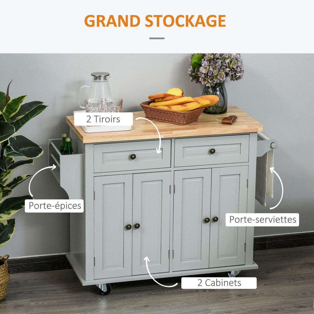 HOMCOM Desserte de cuisine multi rangements 2 tiroirs 2 placard 2 portes avec étagère range-bouteille porte-torchons MDF hévéa