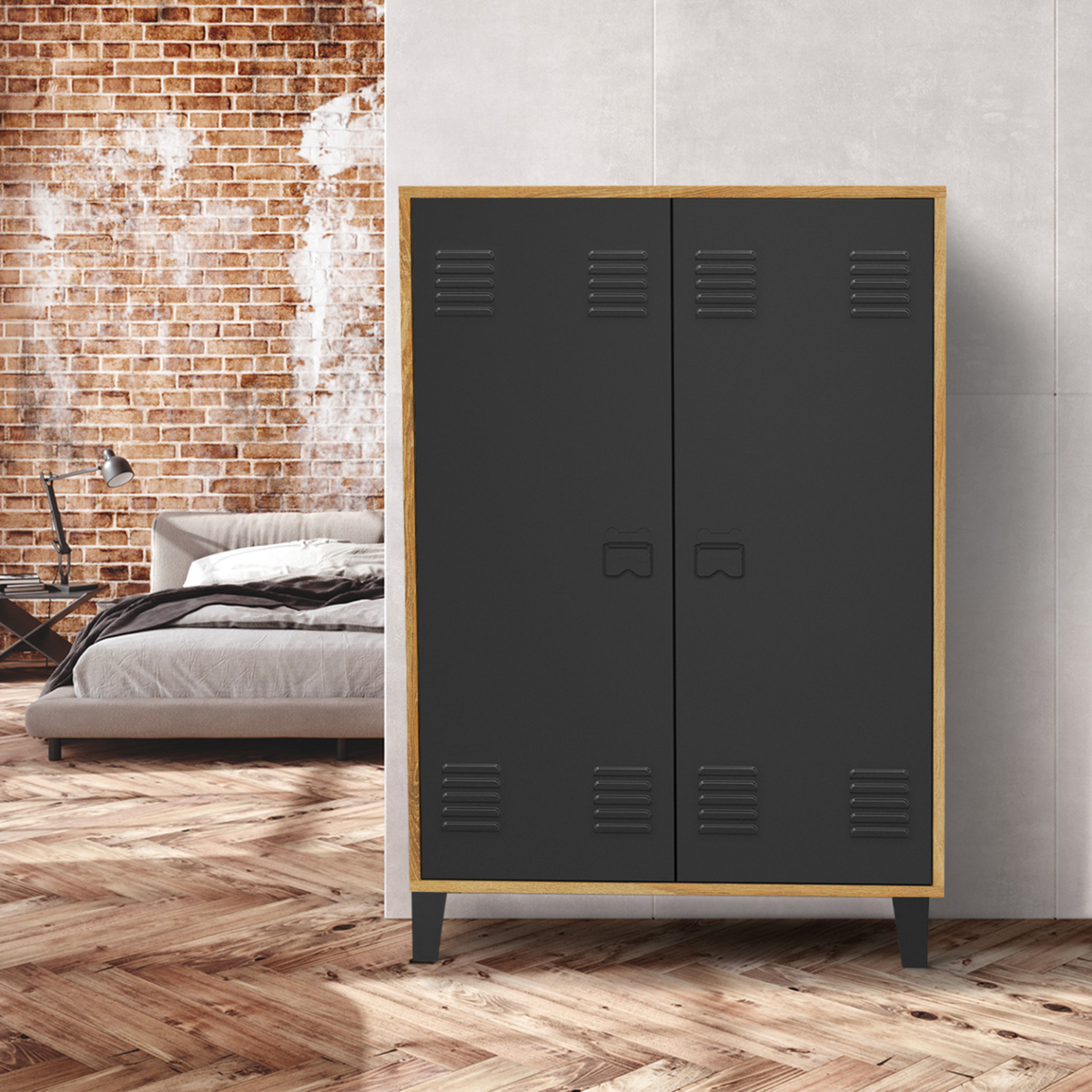 ID MARKET Armoire basse ESTER 2 portes métal noir et contour bois design industriel