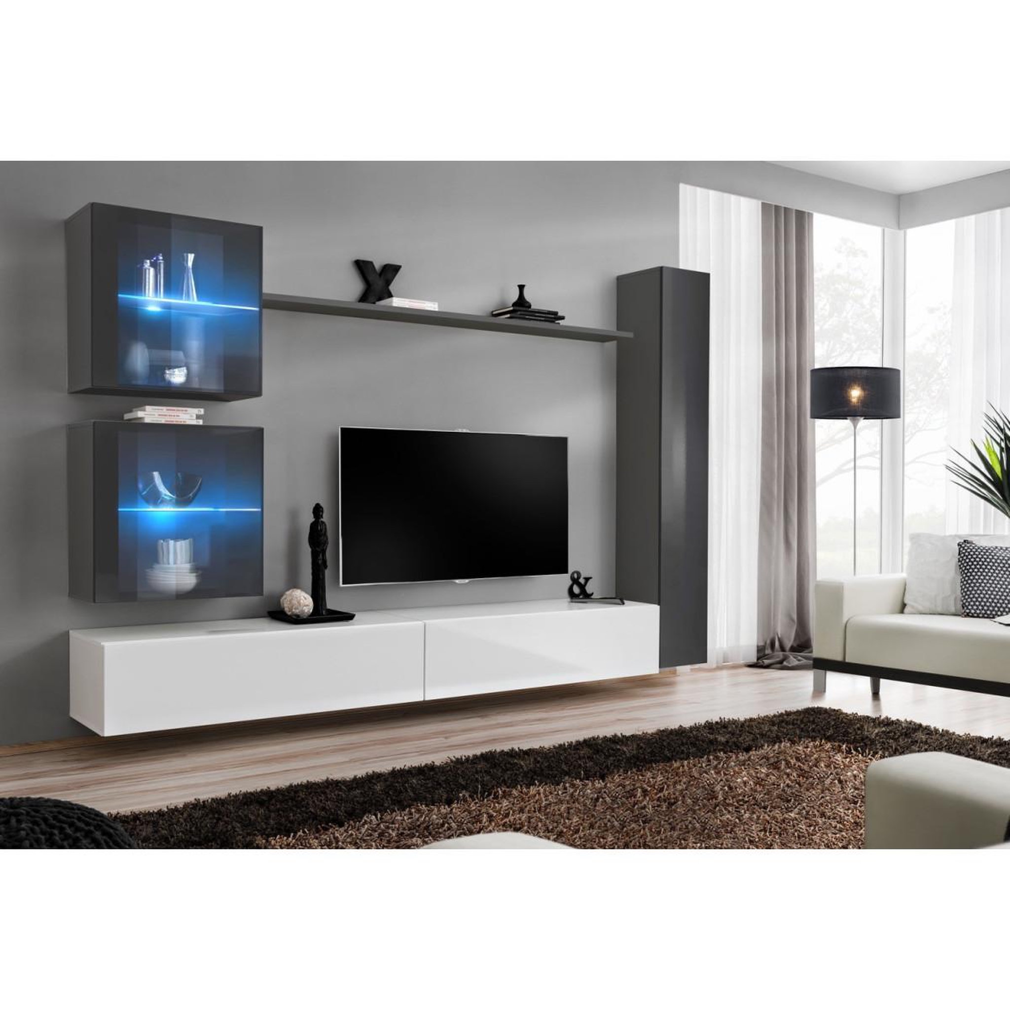Voir la diapositive 2 : Paris Prix Meuble TV Mural Design  Switch XVIII  280cm Blanc & Gris