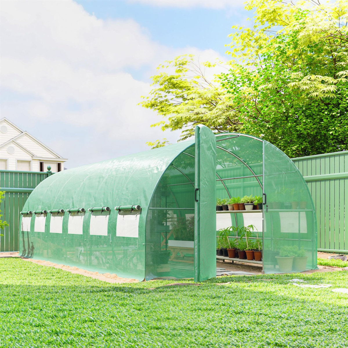 OUTSUNNY Serre tunnel de jardin 18 m² porte 12 fenêtres enroulables acier PE vert