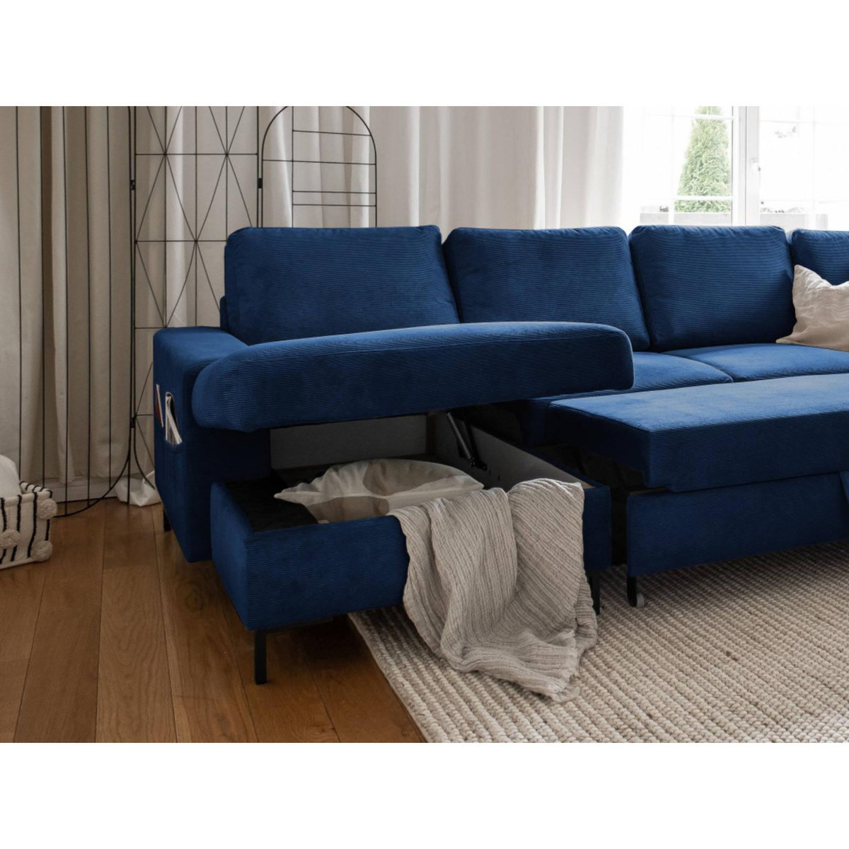 BEST MOBILIER Lilly - canapé panoramique d'angle droit - 7 places - convertible avec coffre - en velours côtelé