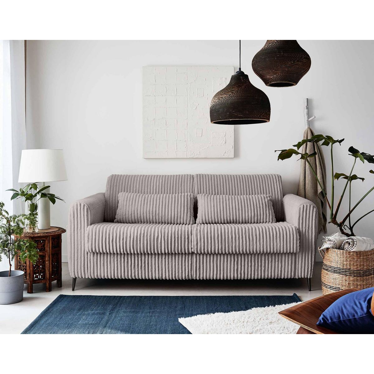 LISA DESIGN Owen - canapé 3 places convertible express couchage quotidien 140 cm matelas 12 cm en velours côtelé grosses côtes