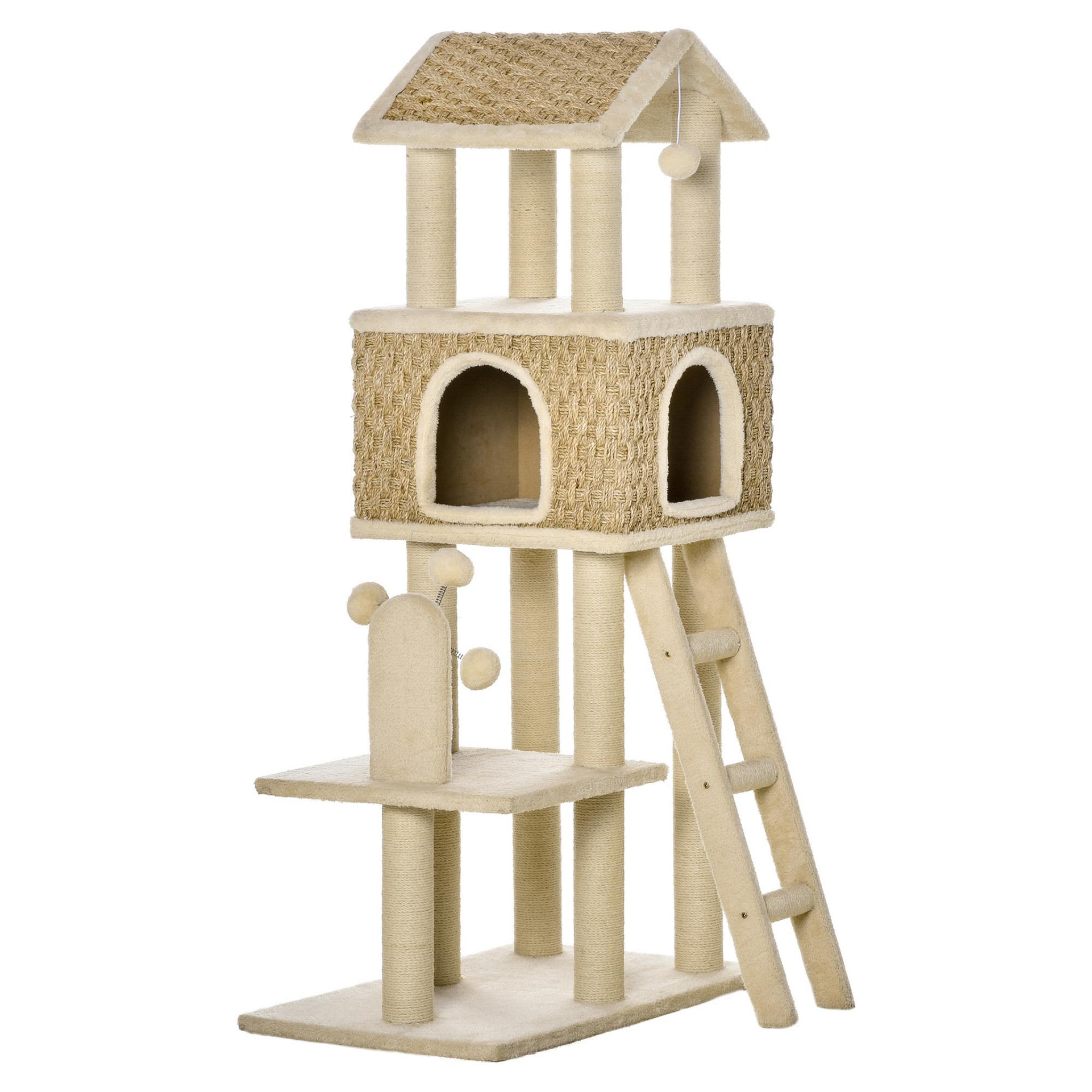 Voir la diapositive 1 : PAWHUT Arbre à chats style cosy chic griffoirs sisal naturel grande niche plateforme échelle jeu boules tourniquet peluche courte cordes d'algues tressées
