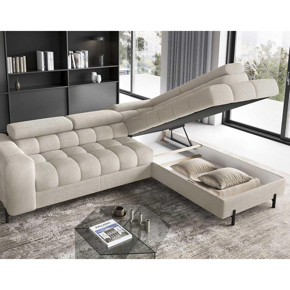 BEST MOBILIER Elisa - canapé d'angle droit 5 places convertible avec coffre et têtières réglables en tissu bouclette