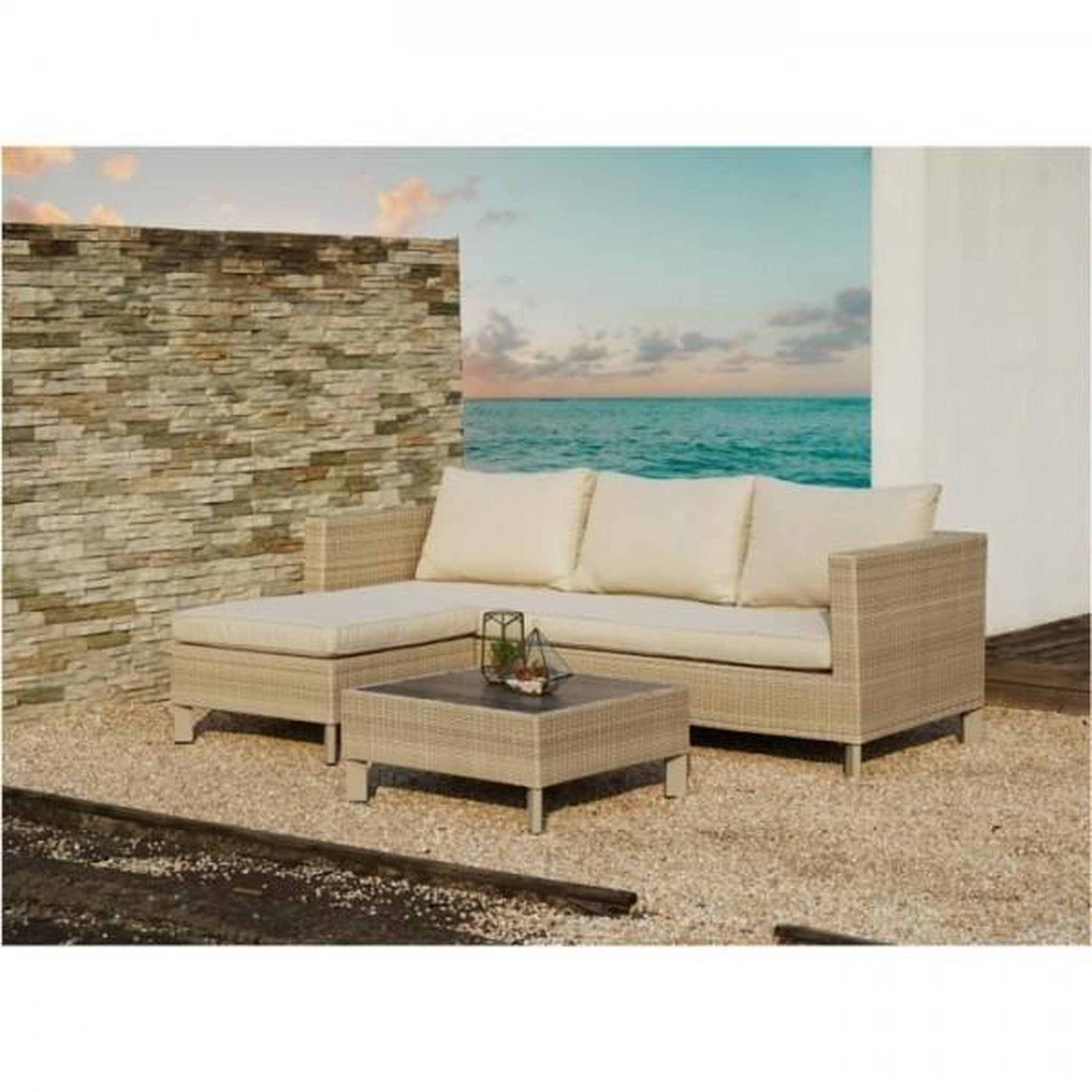 Voir la diapositive 3 : MARKET24 Salon de jardin en résine tressée avec coussins - 4 personnes - CUBA - Beige