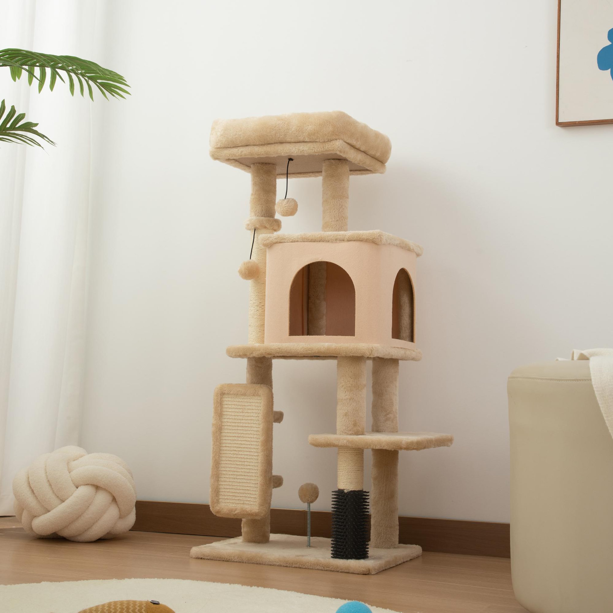 Voir la diapositive 4 : PAWHUT Arbre à chat h.104 cm - griffoir, grattoir, bande massante, jeux boules, niche, plateforme observation - beige