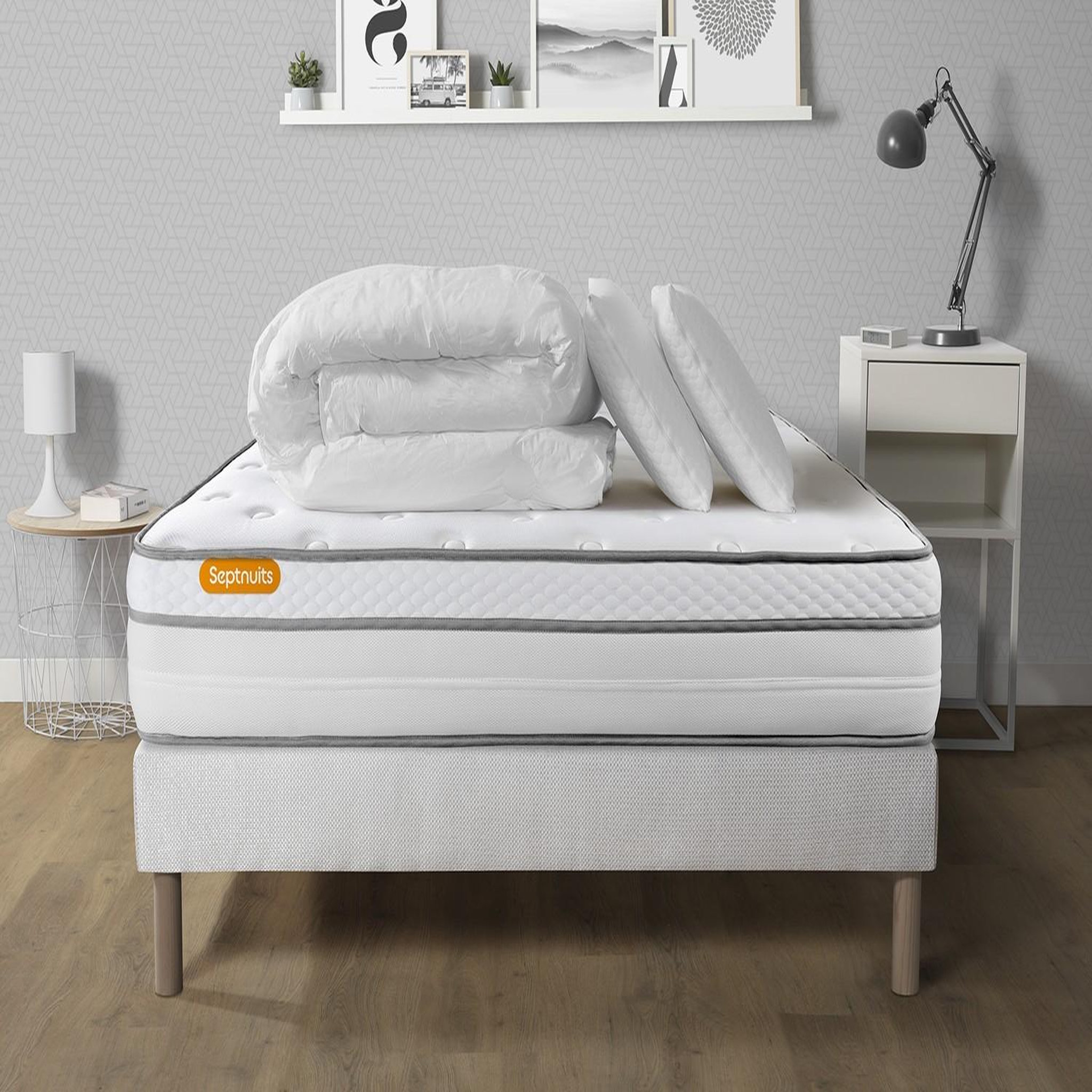 SEPTNUITS Pack matelas + sommier Memo Luxe Ressorts ensachés + mémoire de forme 5 zones de confort MAXI épaisseur. Coloris disponibles : Blanc