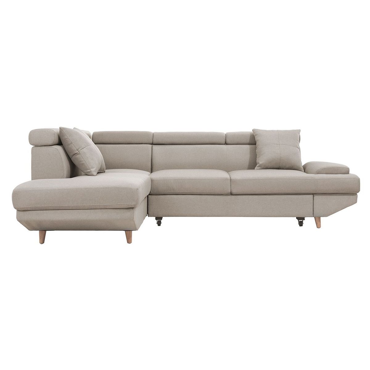 Canapé d'angle gauche convertible 5 places tissu pieds bois clair MARIUS 