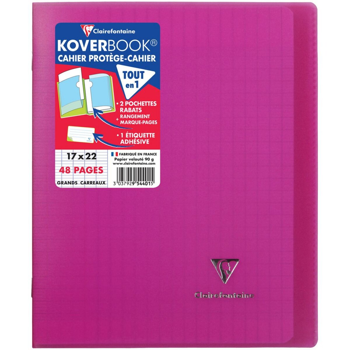 CLAIREFONTAINE Cahier piqué polypro Koverbook 17x22cm 48 pages grands carreaux Seyes rose transparent