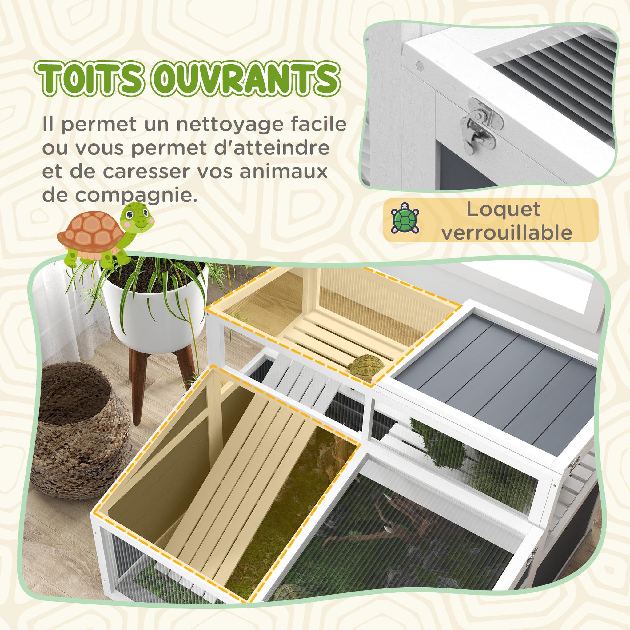 Voir la diapositive 5 : PAWHUT Terrarium enclos tortue 2 espaces toit polycarbonate 3 portes rampe bois gris blanc